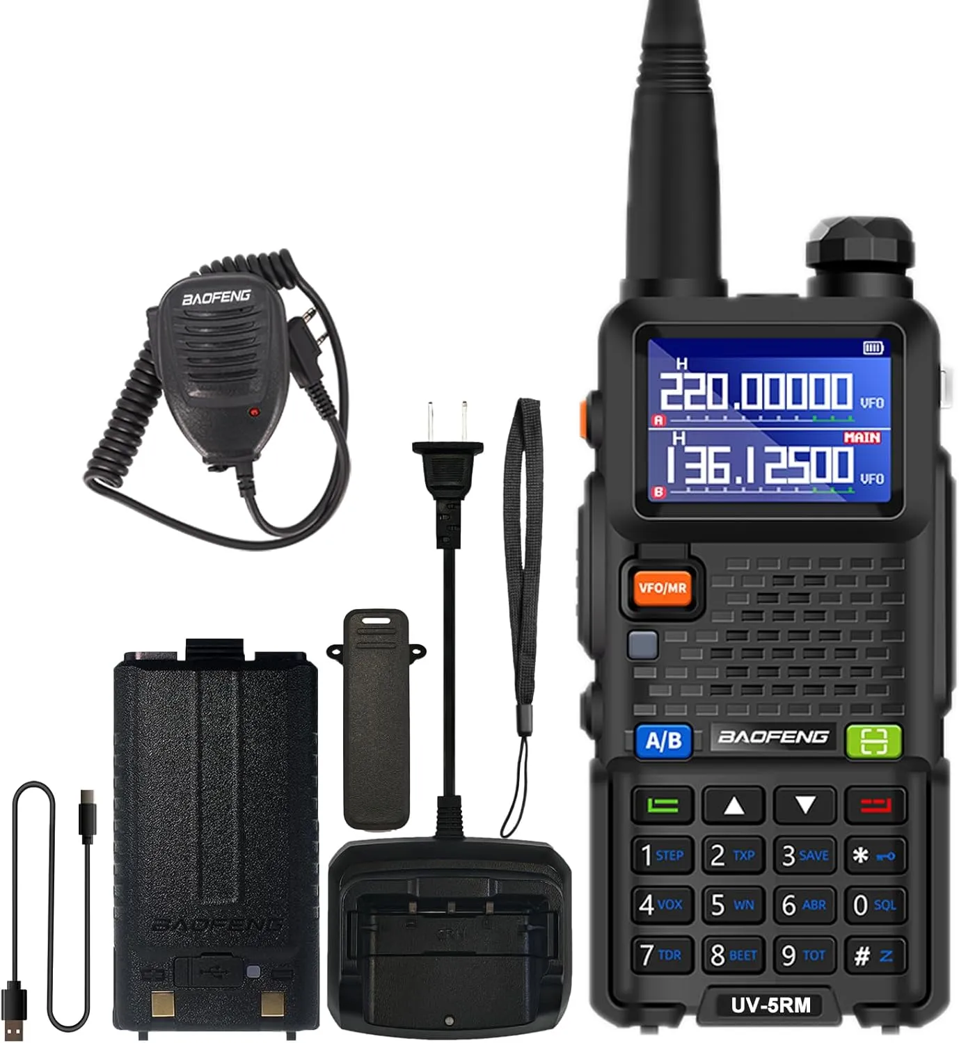 BAOFENG UV-5RM Two Way Radio Multi-Band Long Range Walkie Talkie NOAA USB-C Charging Upgrade of UV-5R Ham Radio Air Band 1.77in LCD Screen with Speaker Microphone