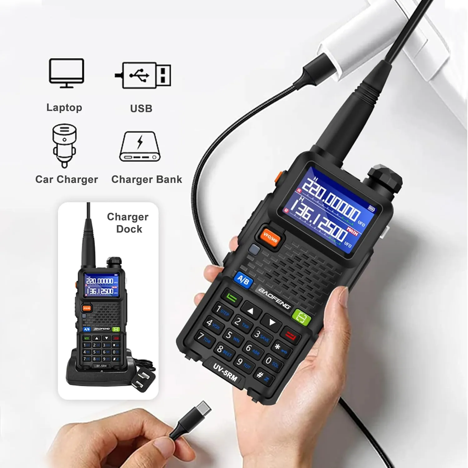 BAOFENG UV-5RM Two Way Radio Multi-Band Long Range Walkie Talkie NOAA USB-C Charging Upgrade of UV-5R Ham Radio Air Band 1.77in LCD Screen with Speaker Microphone