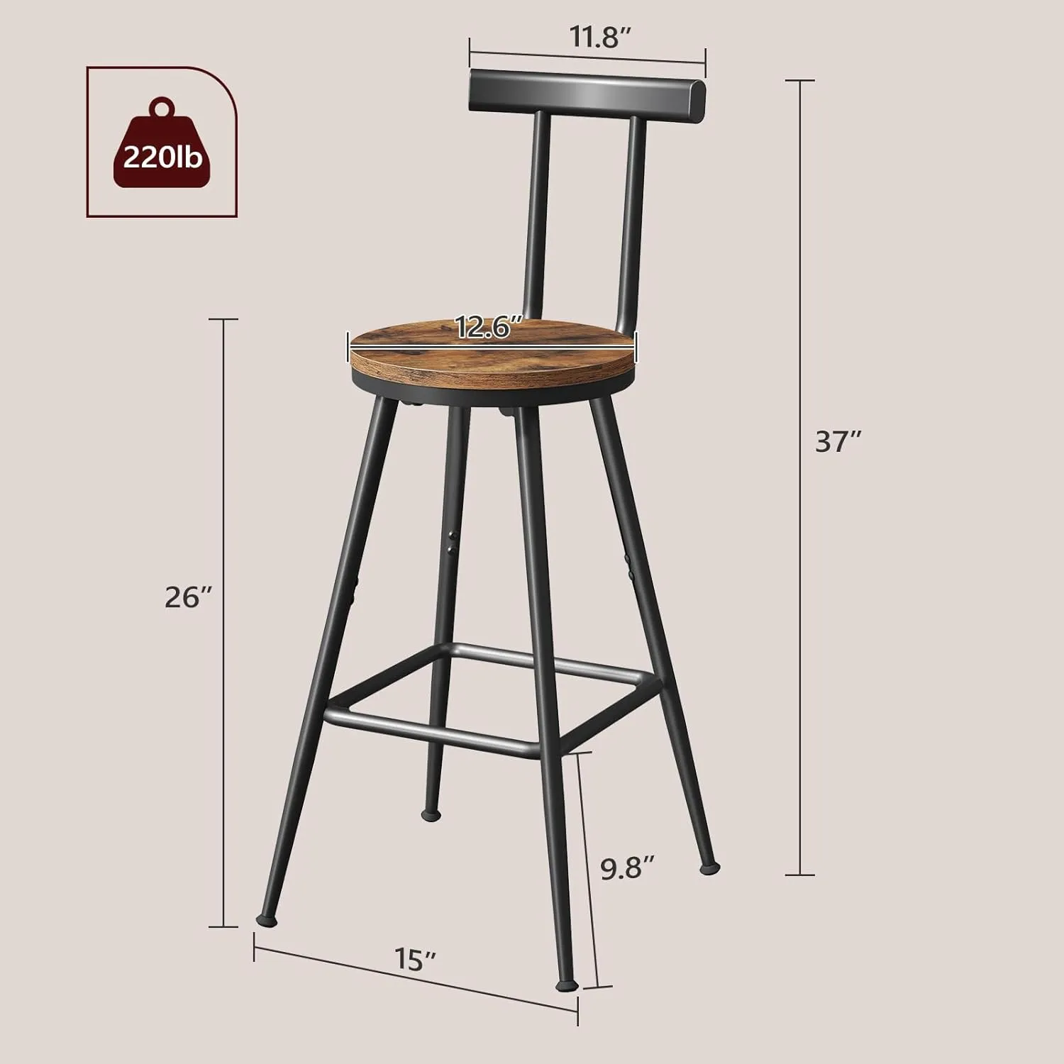 Bar Stools, 26" Tall Counter Stools, Set of 2 Breakfast Chairs, Metal Frame, Adjustable Feet, Easy Assembly, for Kitchen, Living Room, Pub, Cafe, Rustic Brown BAHR6001