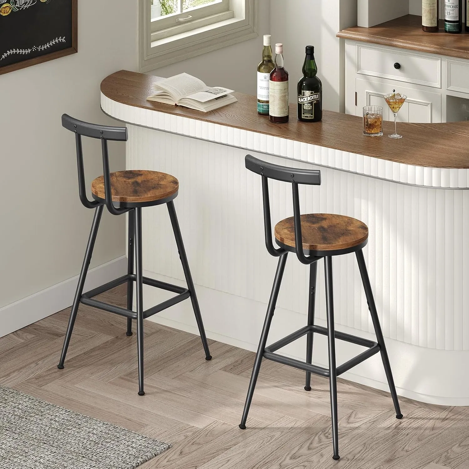 Bar Stools, 26" Tall Counter Stools, Set of 2 Breakfast Chairs, Metal Frame, Adjustable Feet, Easy Assembly, for Kitchen, Living Room, Pub, Cafe, Rustic Brown BAHR6001