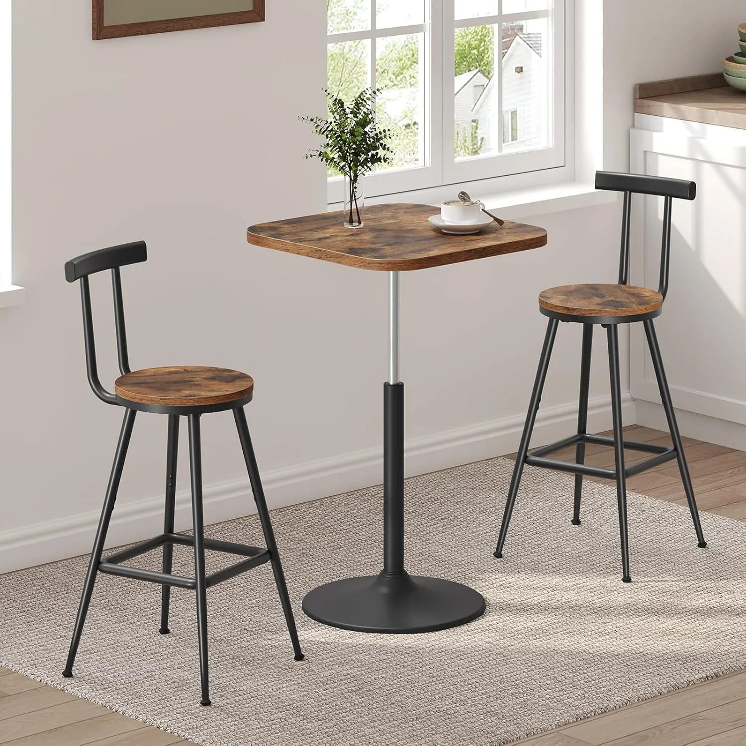 Bar Stools, 26" Tall Counter Stools, Set of 2 Breakfast Chairs, Metal Frame, Adjustable Feet, Easy Assembly, for Kitchen, Living Room, Pub, Cafe, Rustic Brown BAHR6001
