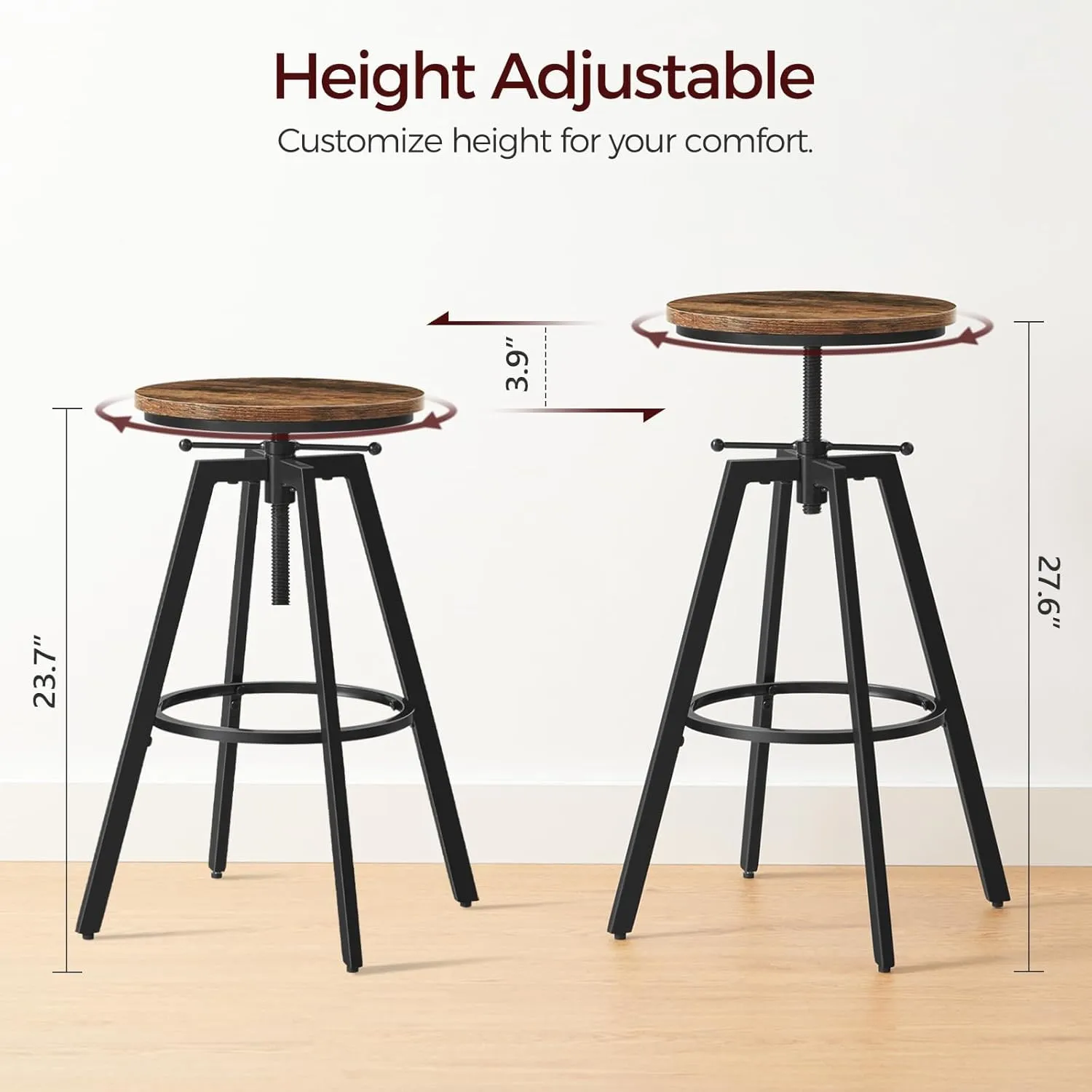 Bar Stools, Height Adjustable Swivel Bar Stool, Counter Height Bar Stool, Set of 2 Industrial Bar Stools, Vintage Round Bar Chairs with Sturdy Metal Frame, Rustic Brown BAHR0701