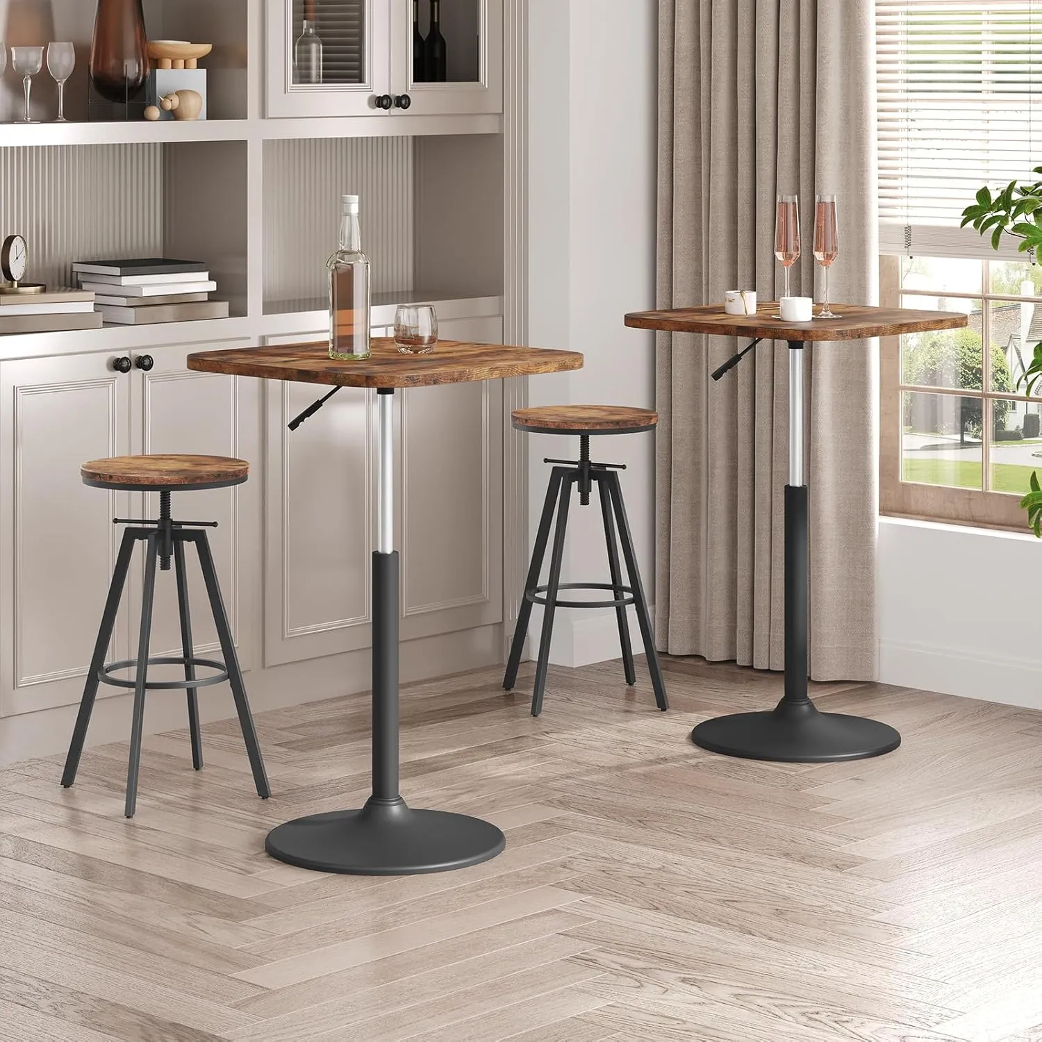Bar Stools, Height Adjustable Swivel Bar Stool, Counter Height Bar Stool, Set of 2 Industrial Bar Stools, Vintage Round Bar Chairs with Sturdy Metal Frame, Rustic Brown BAHR0701