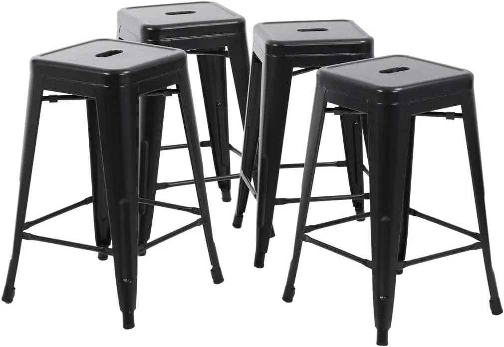 Bar Stools Metal Counter Barstool Indoor-Outdoor Stackable Stools 24 Inch Backless Kitchen Restaurant Dining Chairs Patio Bistro Pub Trattoria Tolix Industrial Stools, Set of 4, Black