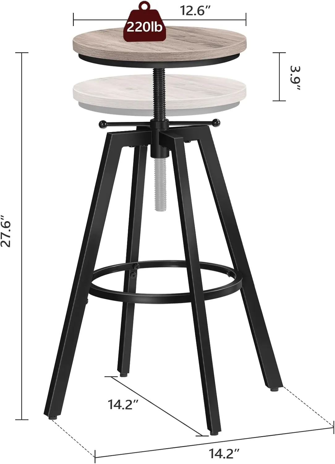 Bar Stools, Round Bar Chairs with Sturdy Metal Frame, Set of 2 Industrial Bar Stools, Height Adjustable, Kitchen Breakfast Stools, for Bar, Dining Room, Greige BAHG0701
