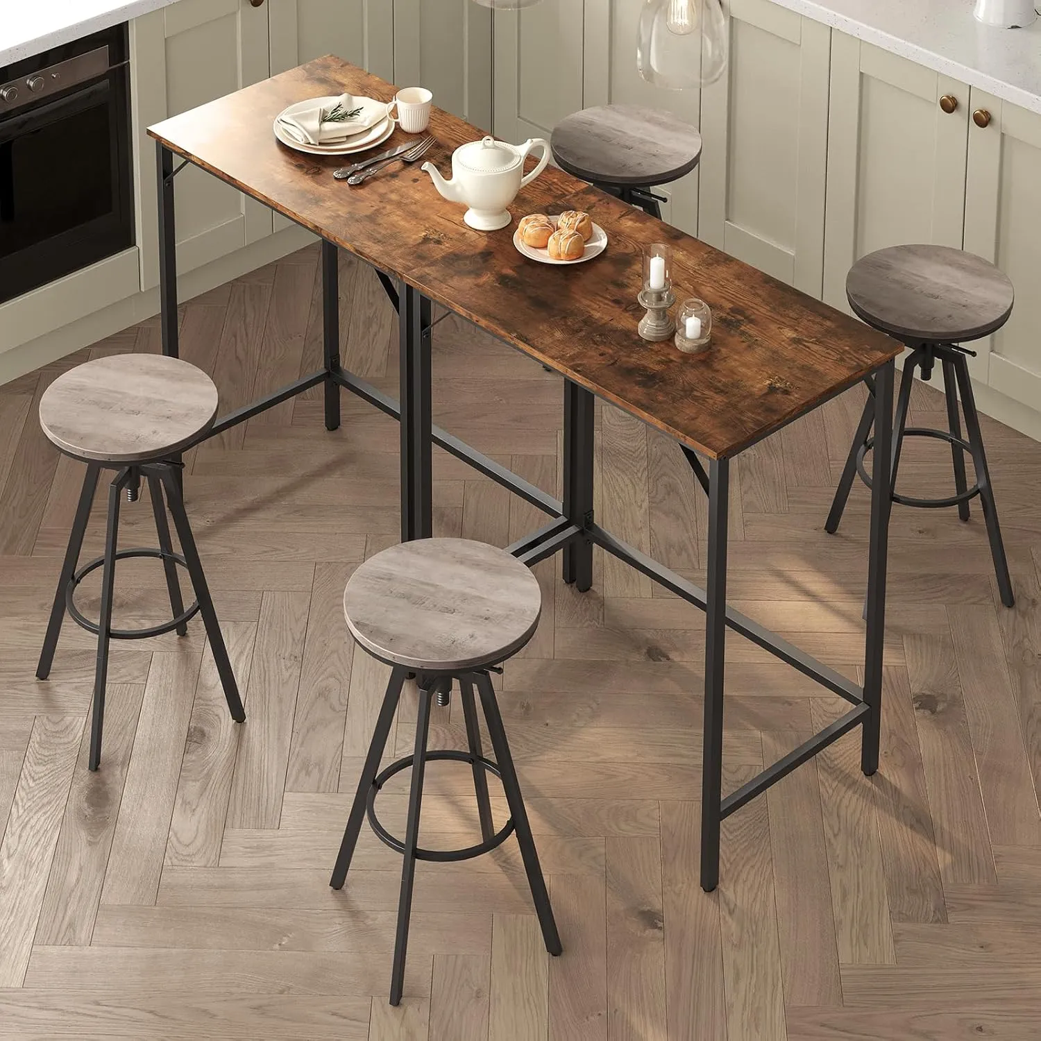 Bar Stools, Round Bar Chairs with Sturdy Metal Frame, Set of 2 Industrial Bar Stools, Height Adjustable, Kitchen Breakfast Stools, for Bar, Dining Room, Greige BAHG0701