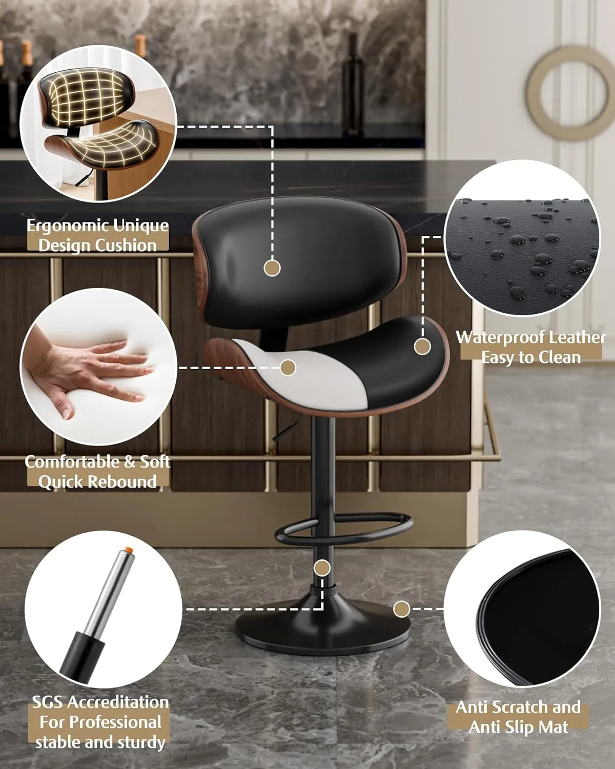 Bar Stools Set of 2, Adjustable Swivel Leather Bar Stools for Kitchen Island, Mid Century Modern Counter Height Bar Chairs Barstools with Back & Footrest (Black)
