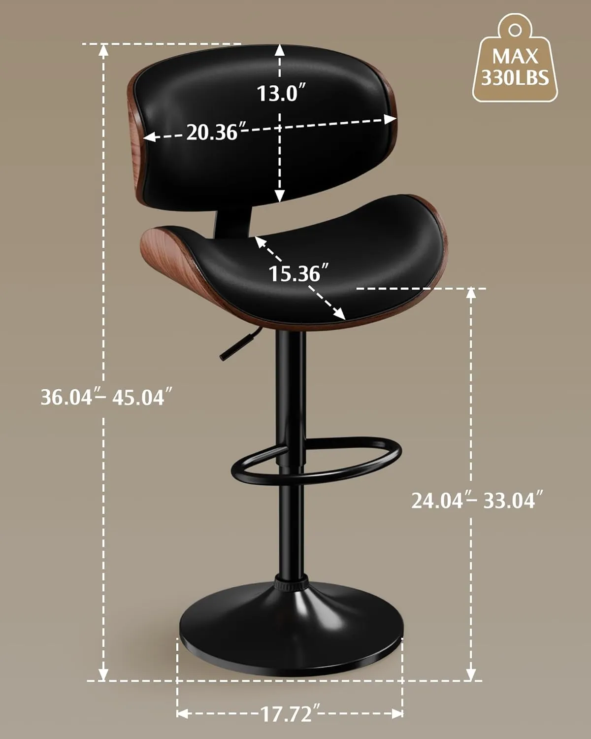 Bar Stools Set of 2, Adjustable Swivel Leather Bar Stools for Kitchen Island, Mid Century Modern Counter Height Bar Chairs Barstools with Back & Footrest (Black)