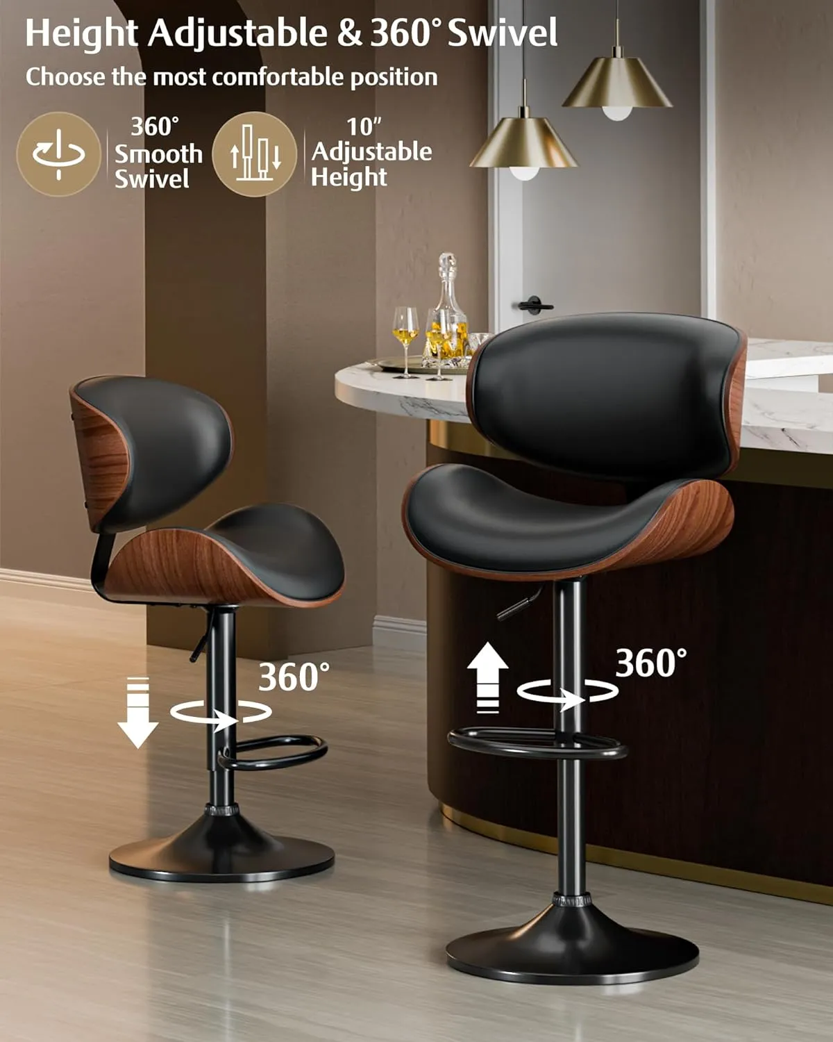 Bar Stools Set of 2, Adjustable Swivel Leather Bar Stools for Kitchen Island, Mid Century Modern Counter Height Bar Chairs Barstools with Back & Footrest (Black)