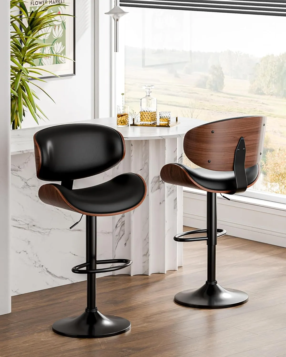 Bar Stools Set of 2, Adjustable Swivel Leather Bar Stools for Kitchen Island, Mid Century Modern Counter Height Bar Chairs Barstools with Back & Footrest (Black)