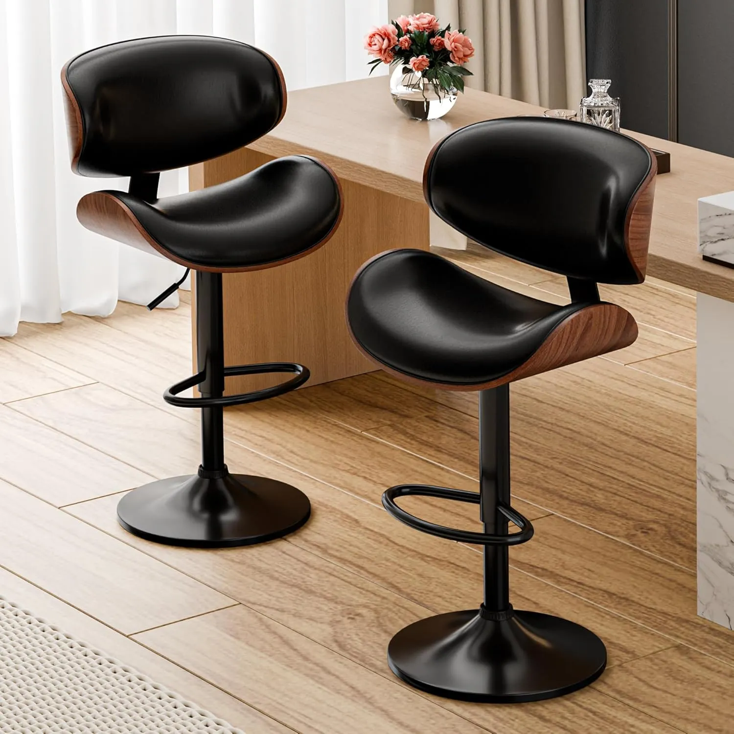 Bar Stools Set of 2, Adjustable Swivel Leather Bar Stools for Kitchen Island, Mid Century Modern Counter Height Bar Chairs Barstools with Back & Footrest (Black)