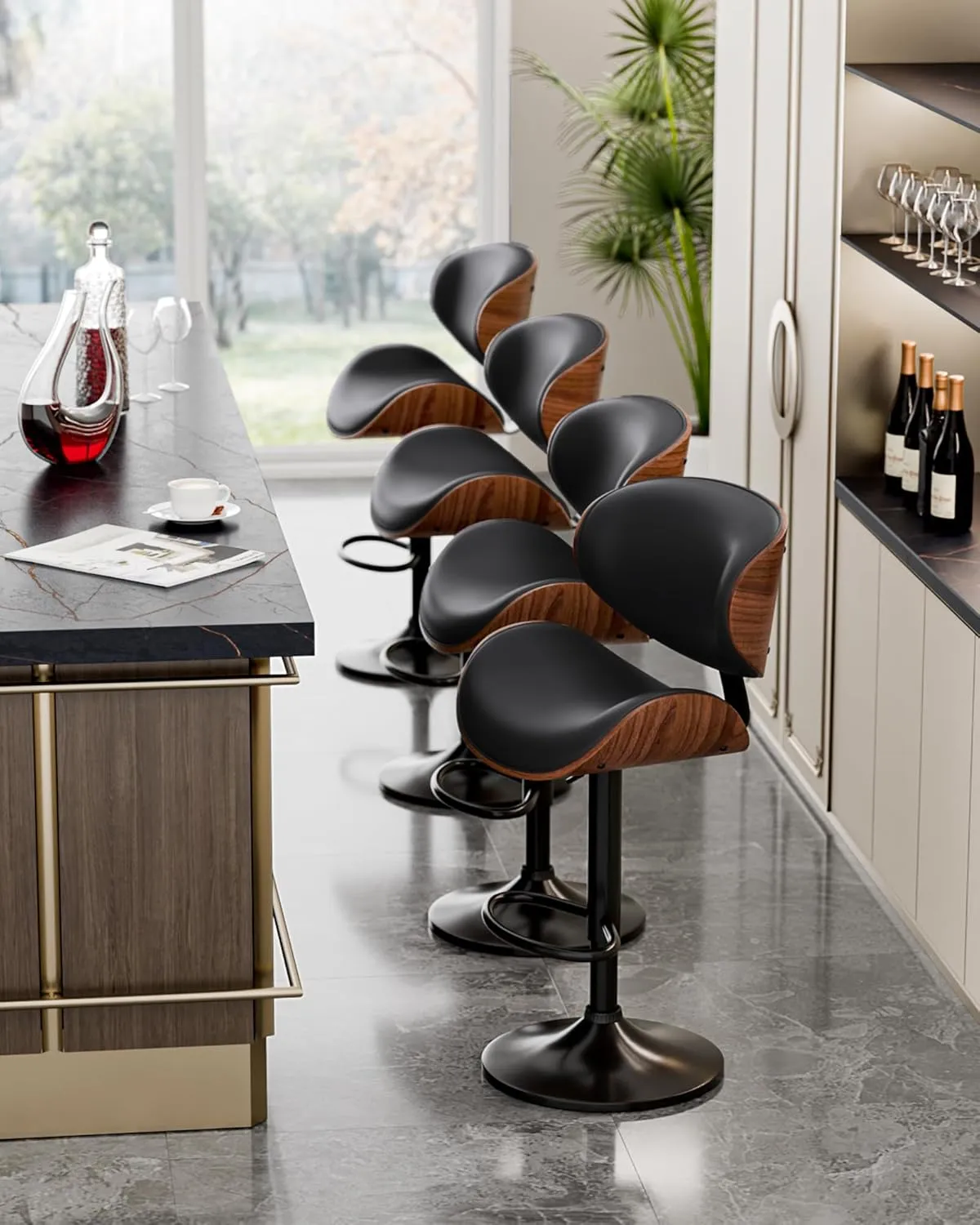 Bar Stools Set of 2, Adjustable Swivel Leather Bar Stools for Kitchen Island, Mid Century Modern Counter Height Bar Chairs Barstools with Back & Footrest (Black)