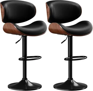 Bar Stools Set of 2, Adjustable Swivel Leather Bar Stools for Kitchen Island, Mid Century Modern Counter Height Bar Chairs Barstools with Back & Footrest (Black)