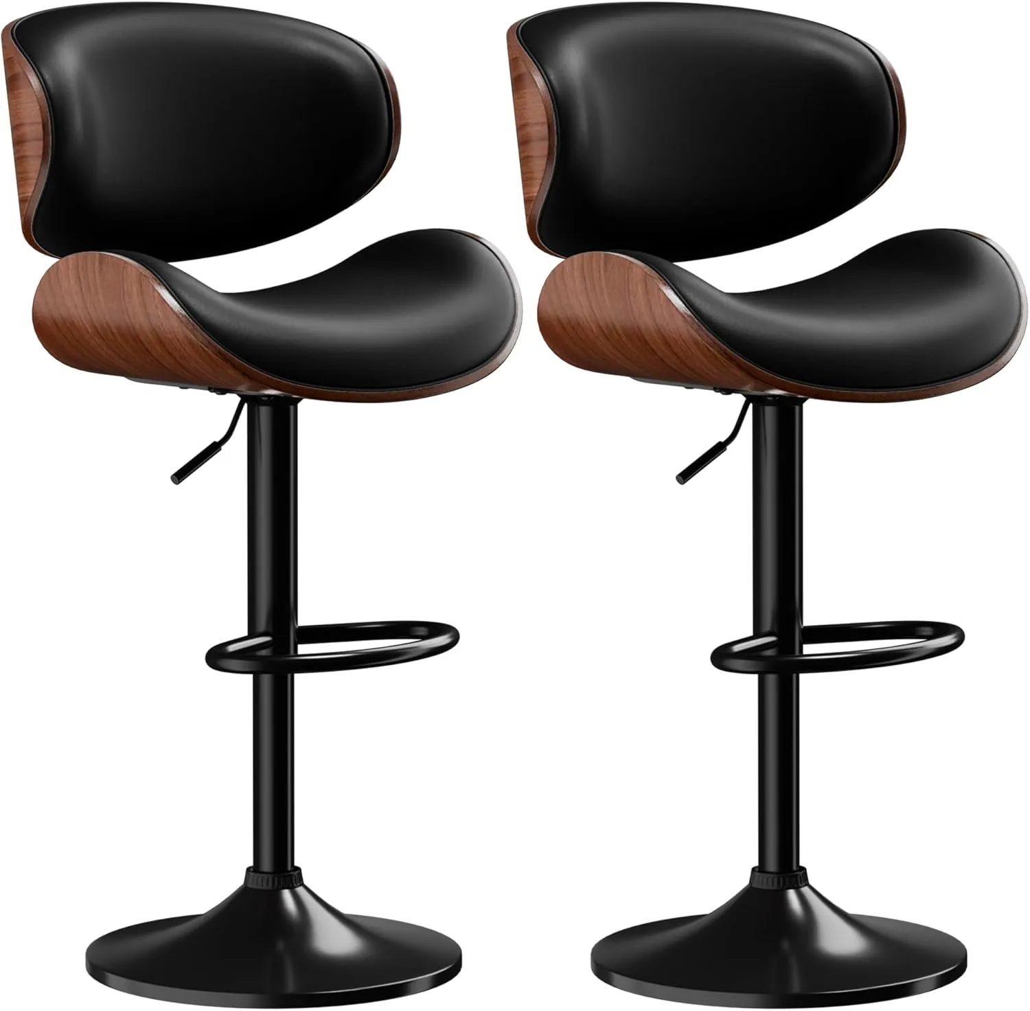 Bar Stools Set of 2, Adjustable Swivel Leather Bar Stools for Kitchen Island, Mid Century Modern Counter Height Bar Chairs Barstools with Back & Footrest (Black)