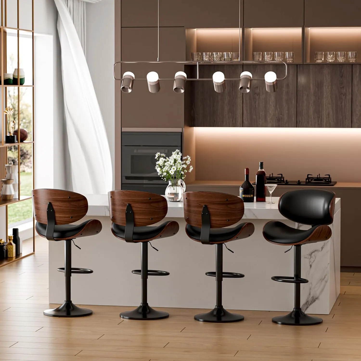 Bar Stools Set of 2, Adjustable Swivel Leather Bar Stools for Kitchen Island, Mid Century Modern Counter Height Bar Chairs Barstools with Back & Footrest (Black)