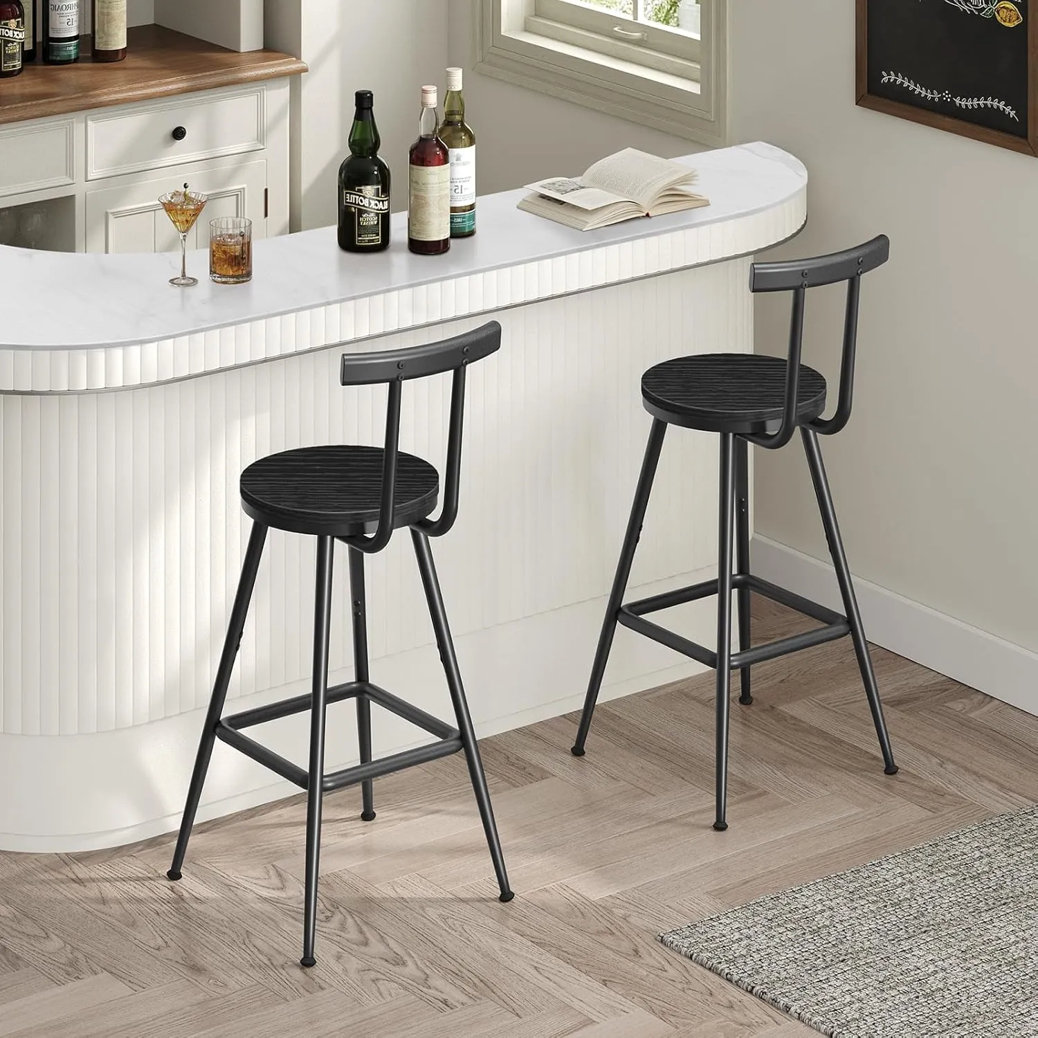 Bar Stools, Set of 2 Bar Chairs with Backrest and Footrest, 26" Tall Counter Stools, Metal Frame, Adjustable Feet, Easy Assembly, for Kitchen, Living Room, Pub, Black BAHB6001