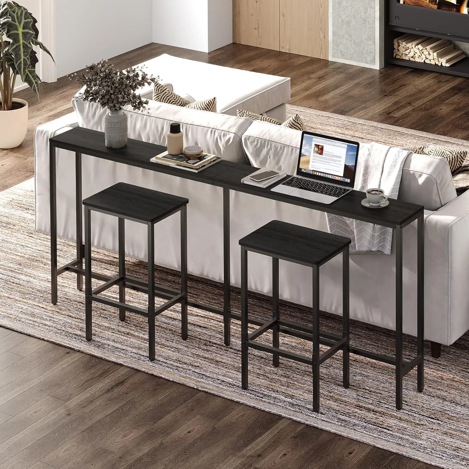 Bar Stools, Set of 2 Bar Chairs with Footrest, 2-Piece Dining Stools, 25.8-Inch Height, Rectangular Industrial Bar Stools, Strong Metal Frame, for Dining Room, Kitchen, Black BAHB0101