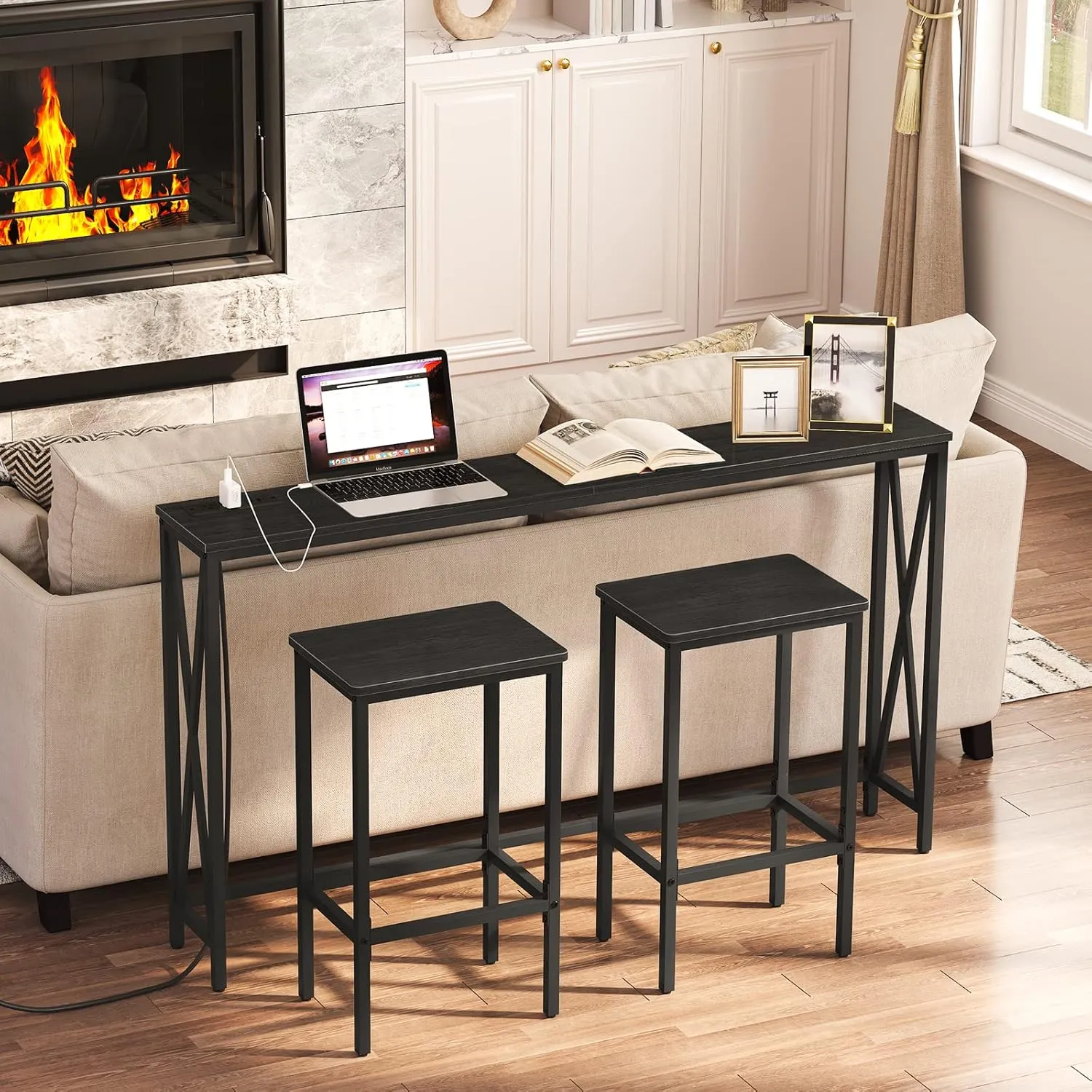 Bar Stools, Set of 2 Bar Chairs with Footrest, 2-Piece Dining Stools, 25.8-Inch Height, Rectangular Industrial Bar Stools, Strong Metal Frame, for Dining Room, Kitchen, Black BAHB0101