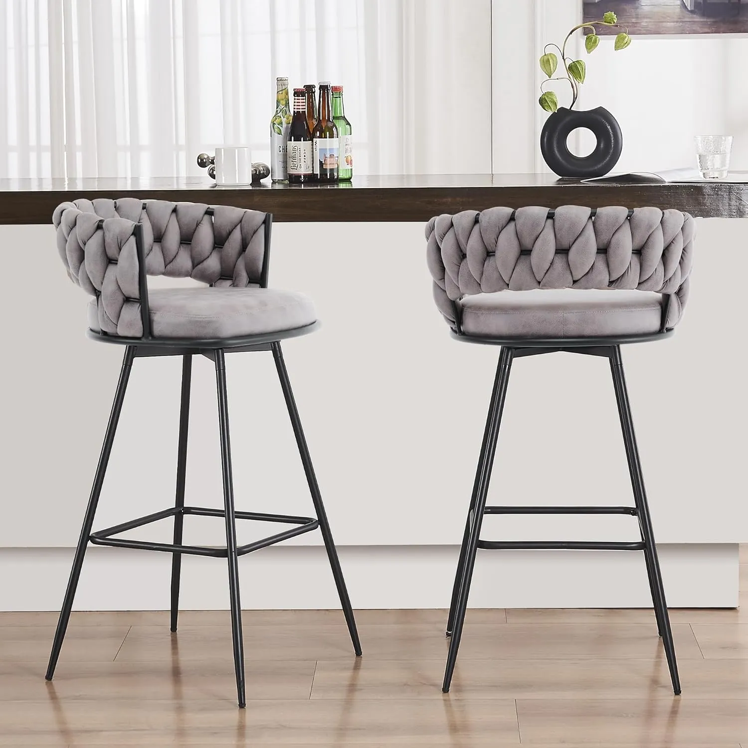 Barstools Counter Height Set of 2, 360°Swivel Bar Stools 26" Stool Chair Suede Fabric Modern Woven Design Bar Chairs with Back and Footrest for Kithcen Cafe Pub, Dark Grey