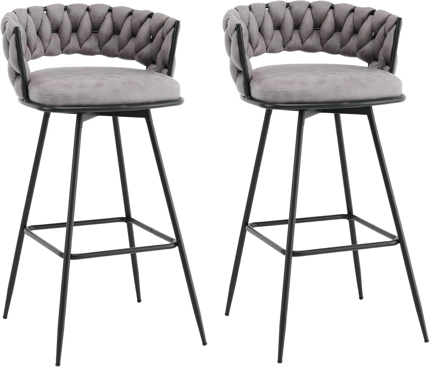 Barstools Counter Height Set of 2, 360°Swivel Bar Stools 26" Stool Chair Suede Fabric Modern Woven Design Bar Chairs with Back and Footrest for Kithcen Cafe Pub, Dark Grey