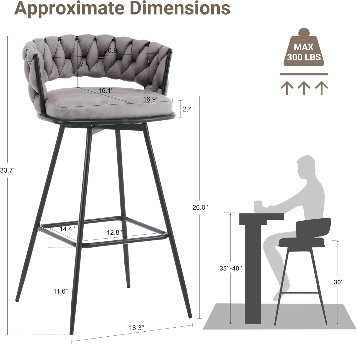 Barstools Counter Height Set of 2, 360°Swivel Bar Stools 26" Stool Chair Suede Fabric Modern Woven Design Bar Chairs with Back and Footrest for Kithcen Cafe Pub, Dark Grey