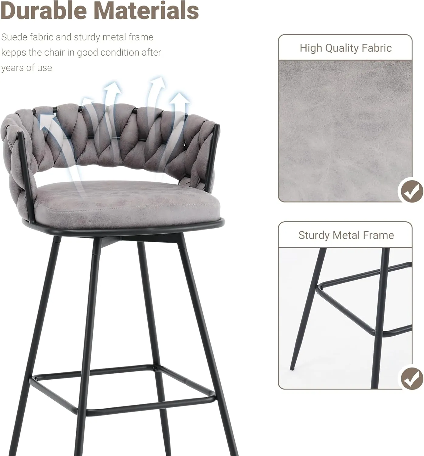 Barstools Counter Height Set of 2, 360°Swivel Bar Stools 26" Stool Chair Suede Fabric Modern Woven Design Bar Chairs with Back and Footrest for Kithcen Cafe Pub, Dark Grey