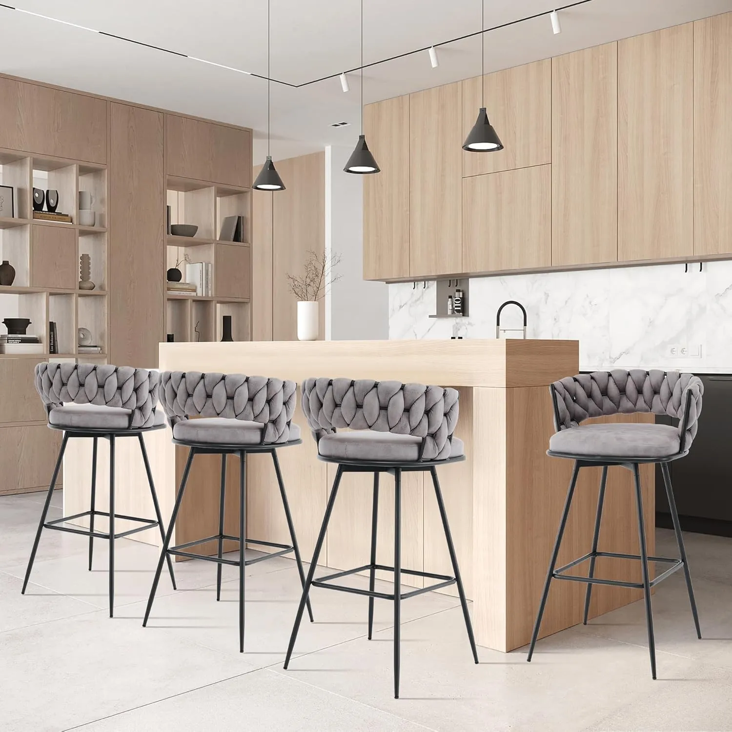 Barstools Counter Height Set of 2, 360°Swivel Bar Stools 26" Stool Chair Suede Fabric Modern Woven Design Bar Chairs with Back and Footrest for Kithcen Cafe Pub, Dark Grey