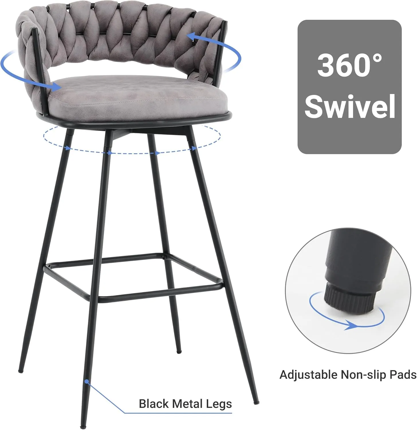 Barstools Counter Height Set of 2, 360°Swivel Bar Stools 26" Stool Chair Suede Fabric Modern Woven Design Bar Chairs with Back and Footrest for Kithcen Cafe Pub, Dark Grey