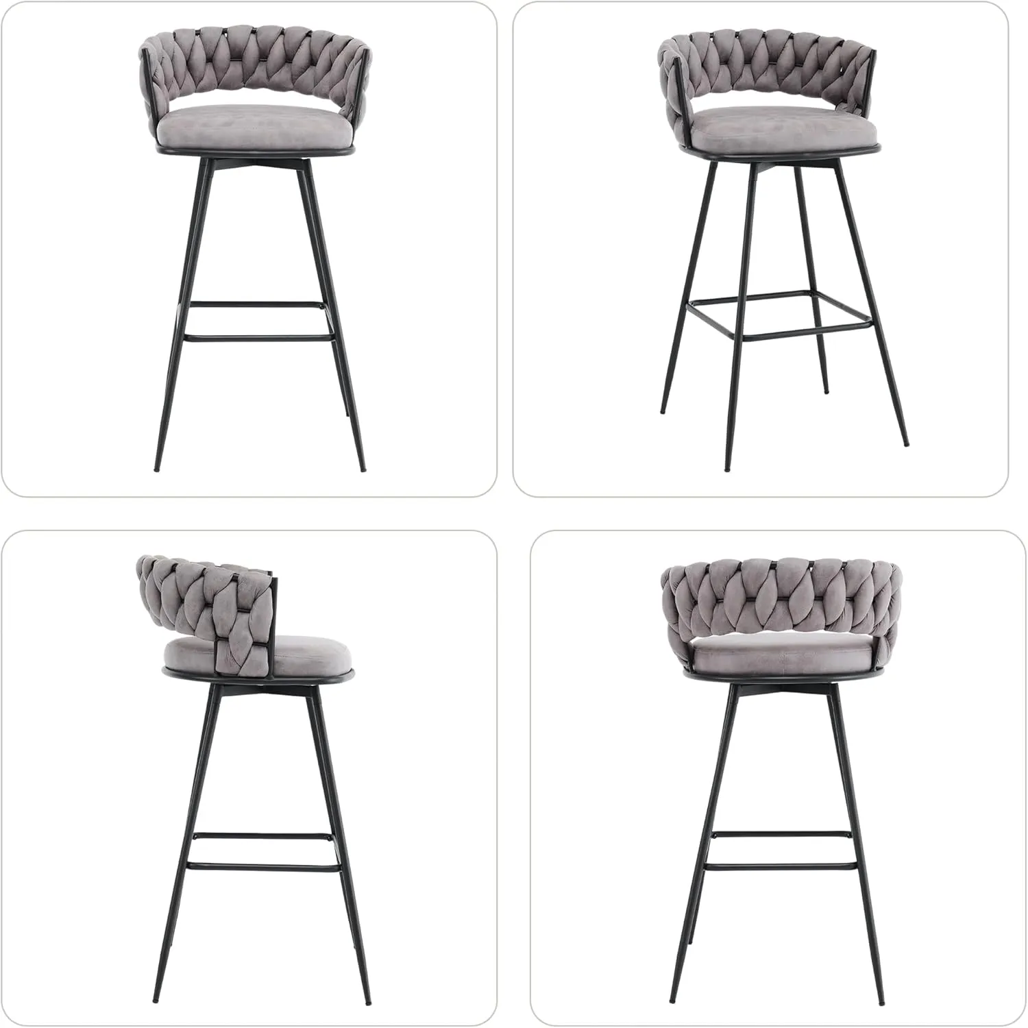Barstools Counter Height Set of 2, 360°Swivel Bar Stools 26" Stool Chair Suede Fabric Modern Woven Design Bar Chairs with Back and Footrest for Kithcen Cafe Pub, Dark Grey