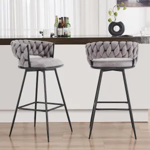 Barstools Counter Height Set of 2, 360°Swivel Bar Stools 26" Stool Chair Suede Fabric Modern Woven Design Bar Chairs with Back and Footrest for Kithcen Cafe Pub, Dark Grey