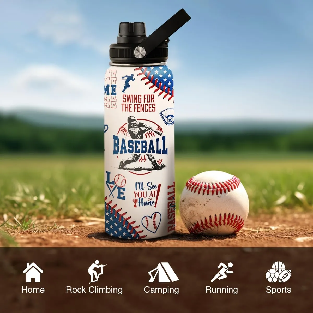 Baseball Water Bottle - 32oz Stainless Steel Insulated Sport Bottles with Lid - Gift for Men Baseball Lover Player Fan Coach