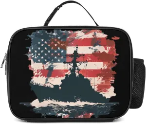 Battleship USA American Flag Lunch Bag Insulated Lunch Box Container Reusable Lunch Tote Bag for Office Work 27x21x9cm