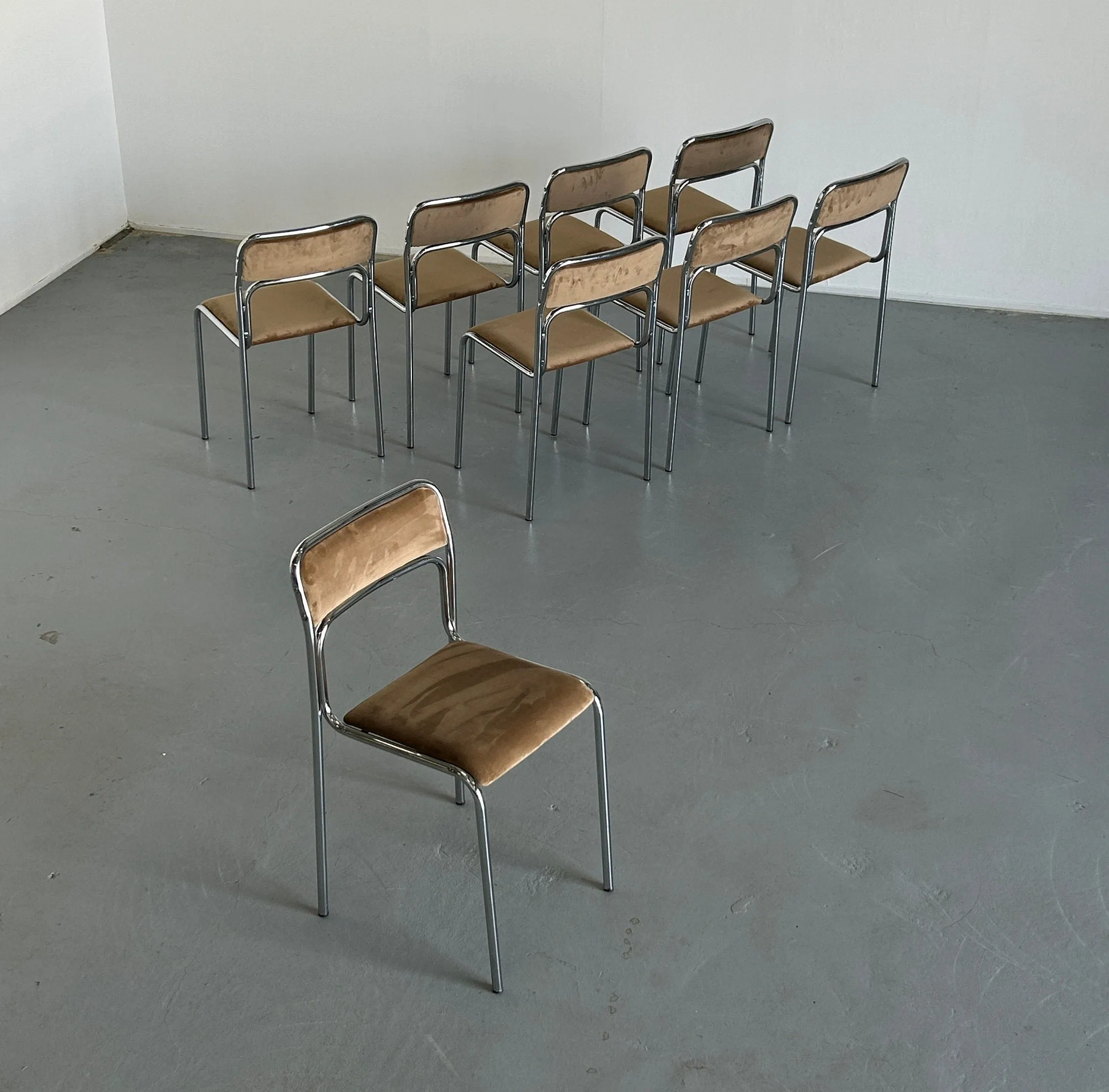 Bauhaus Design Chrome Tubular Steel and Beige Velvet Chairs