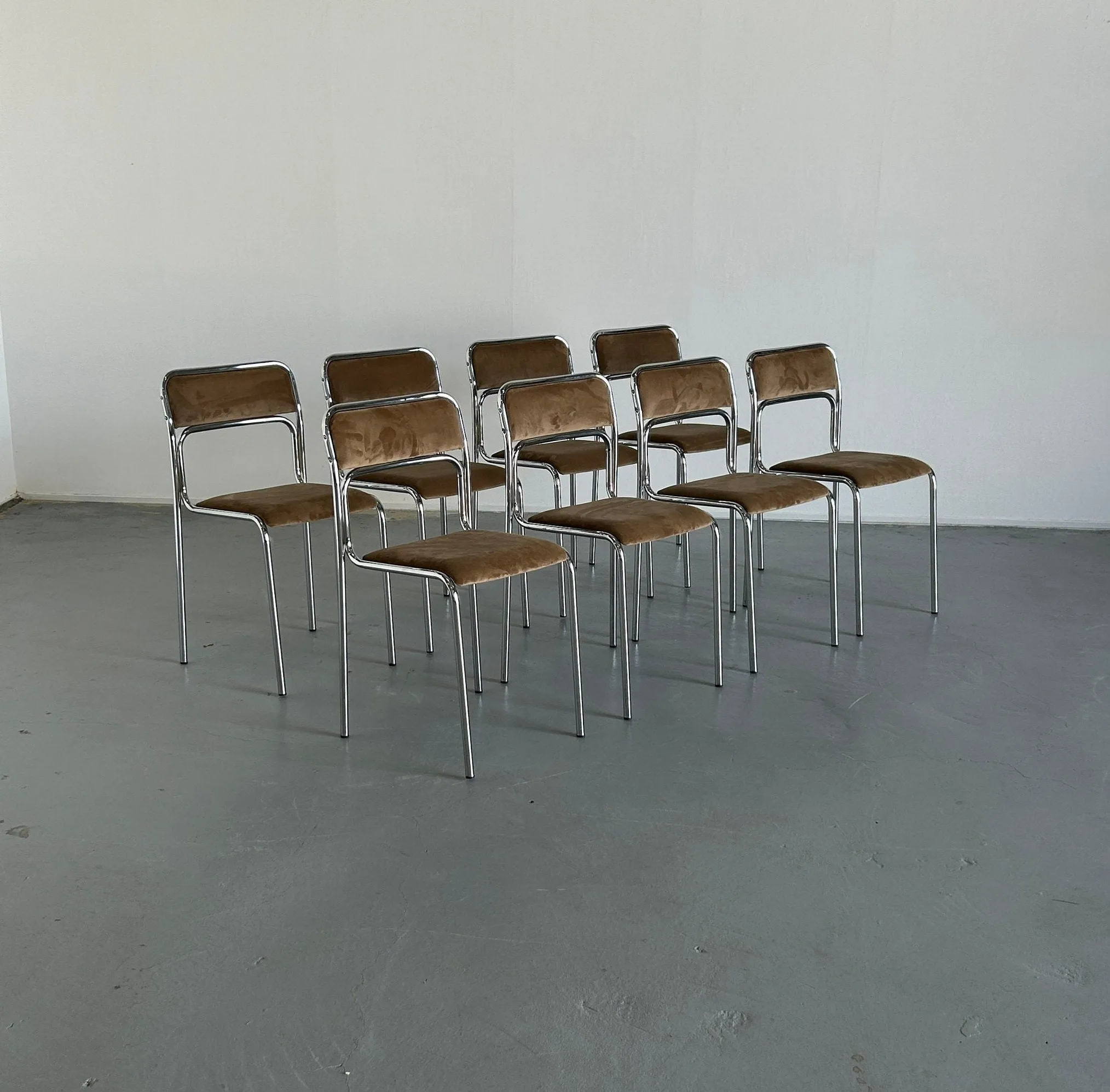 Bauhaus Design Chrome Tubular Steel and Beige Velvet Chairs