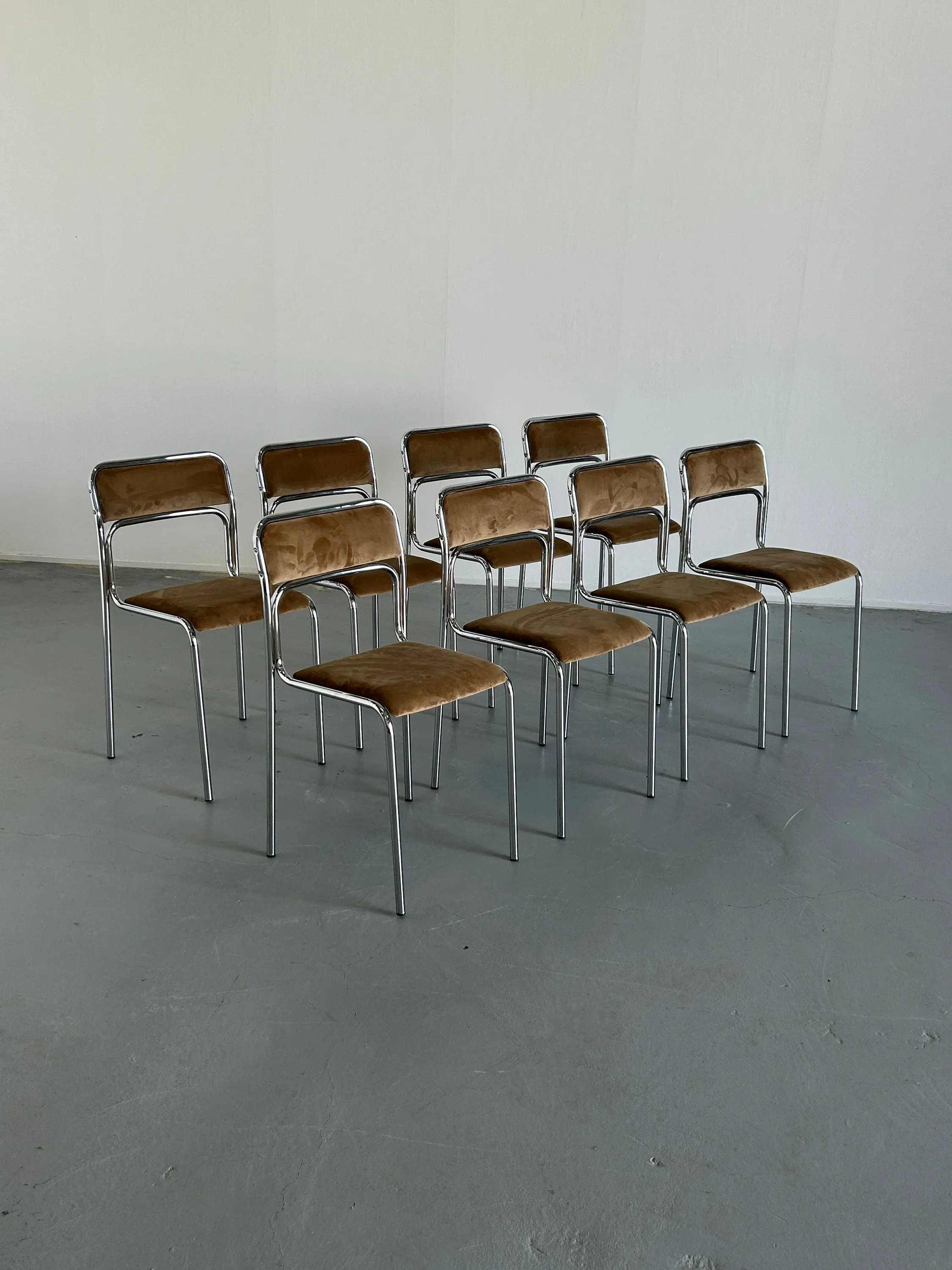 Bauhaus Design Chrome Tubular Steel and Beige Velvet Chairs