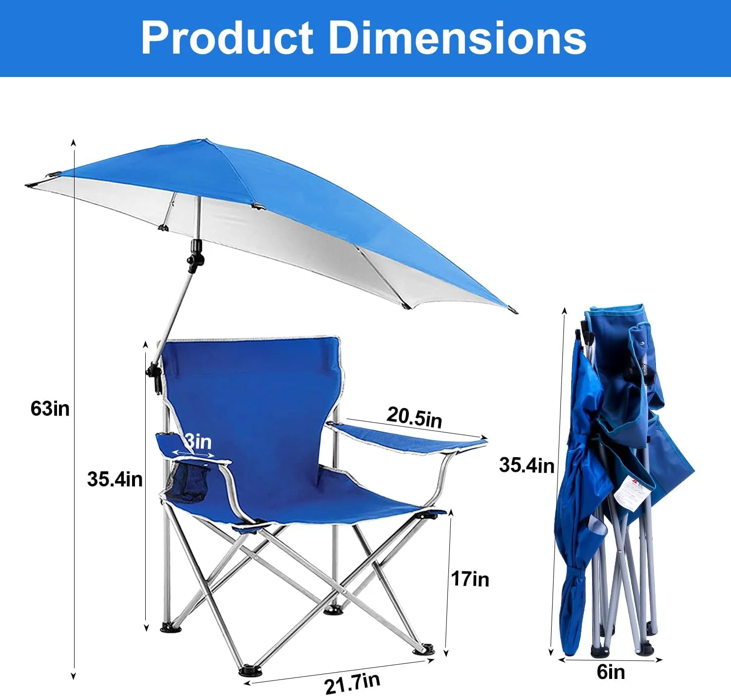Beach Chair with Umbrella, Folding Beach Chairs for Adults with Canopy Shade, UPF 50  Adjustable Heavy Duty Camping Lawn Chair with Cup Holder Carry Bag, for Outdoor Picnic Fishing BBQ (Blue)