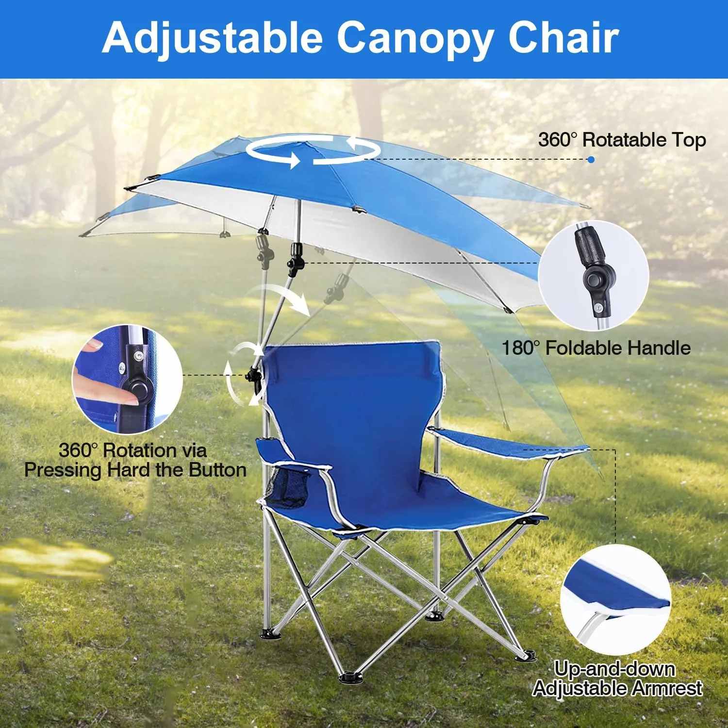 Beach Chair with Umbrella, Folding Beach Chairs for Adults with Canopy Shade, UPF 50  Adjustable Heavy Duty Camping Lawn Chair with Cup Holder Carry Bag, for Outdoor Picnic Fishing BBQ (Blue)