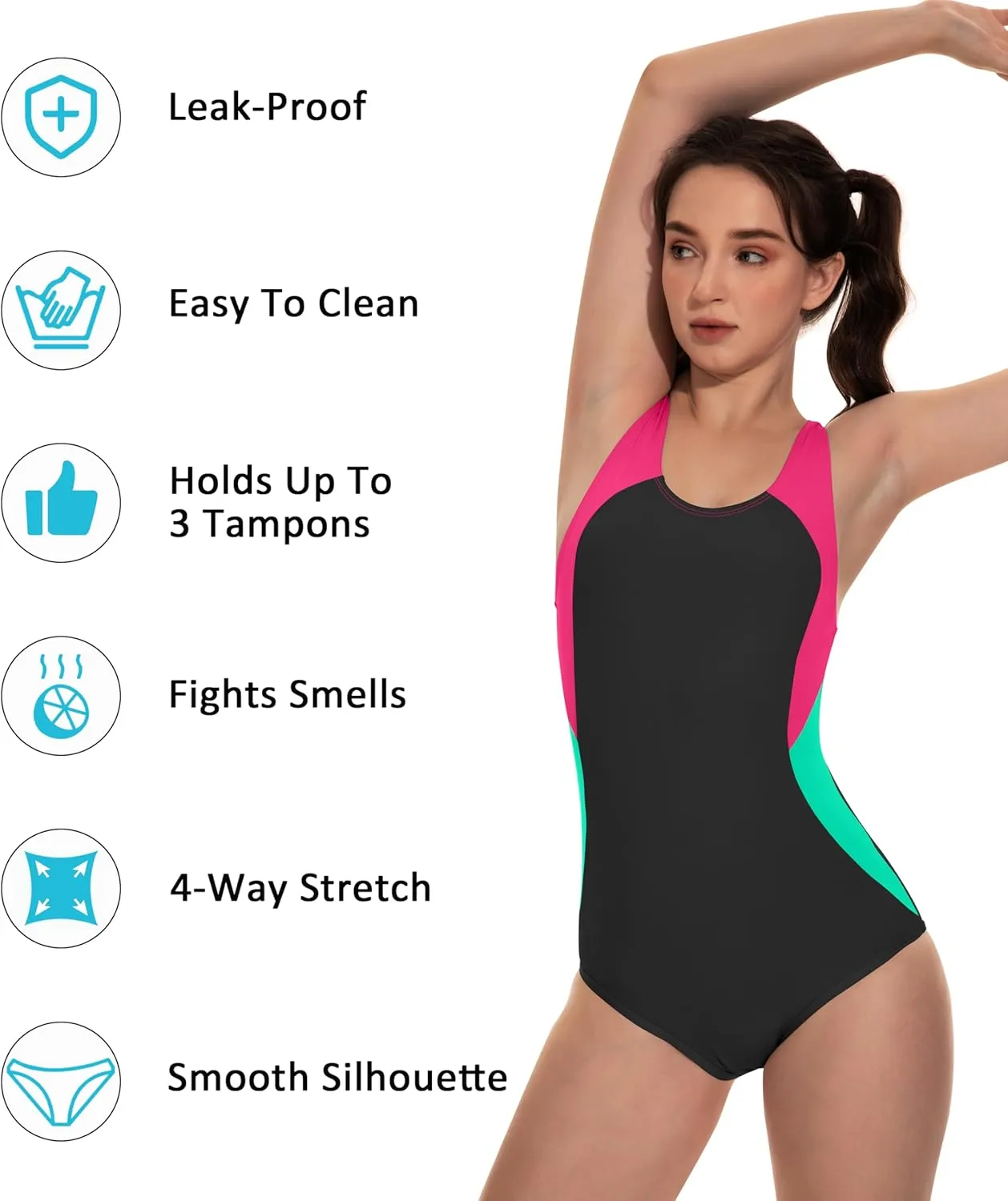 Beautikini Period Swimwear One Piece Racerback Training Bathing Suit Women Period Swimsuits for Teen Girls Ages 11-14