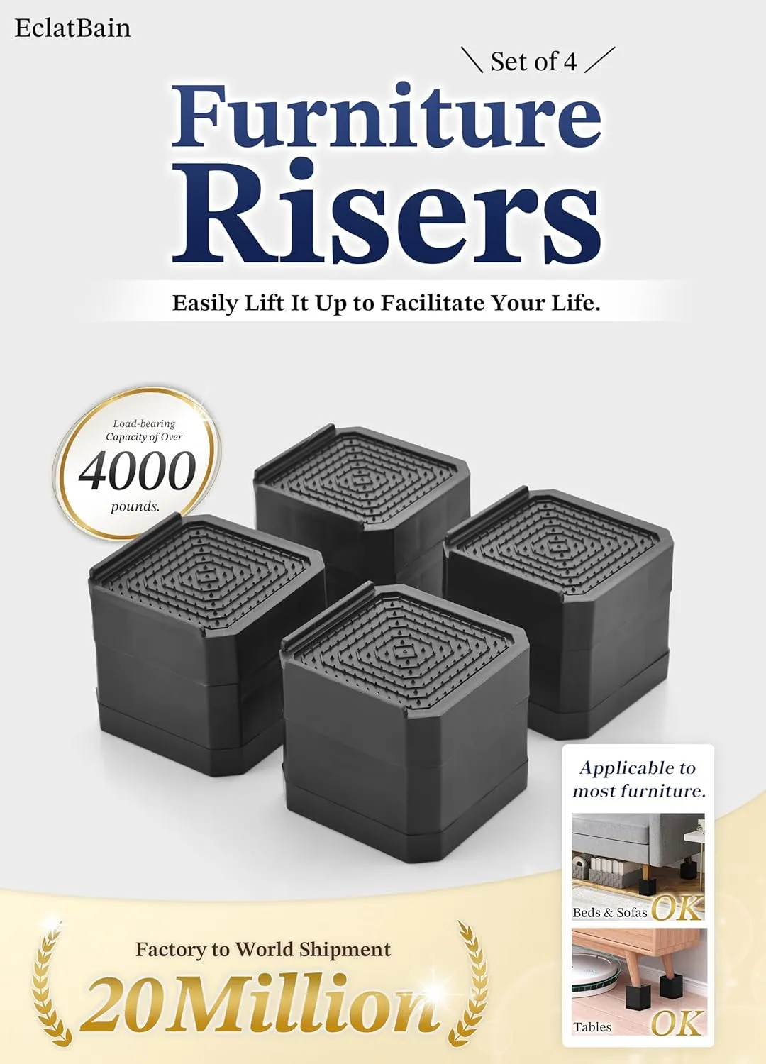 Bed Risers Furniture Risers Heavy-Duty Rectangular Adjustable Block Lift to 3 inches and 4.3 inches Desk, Sofa, Chair Legs, Refrigerator, Washing Machine Support up to 4000 pounds