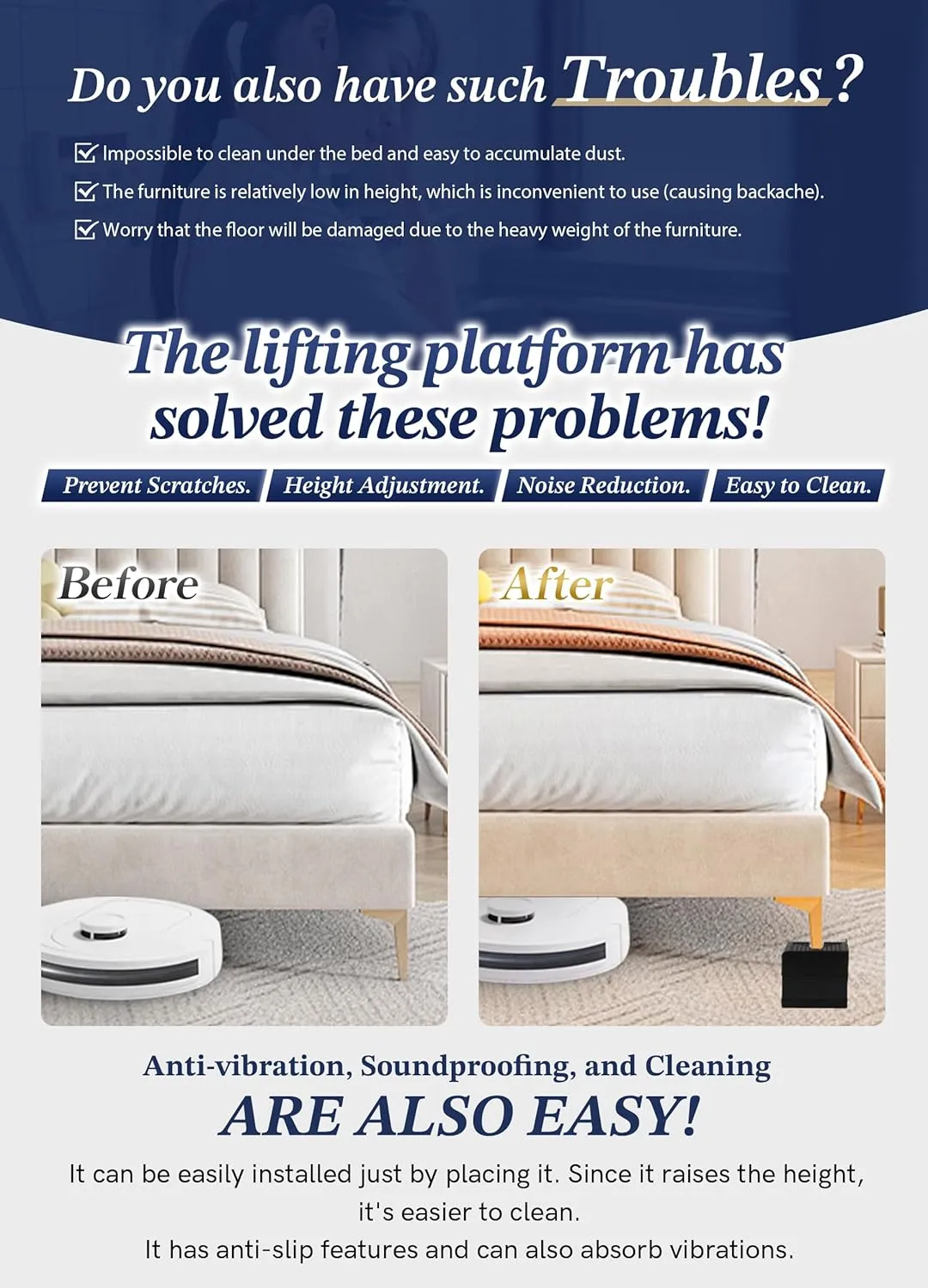 Bed Risers Furniture Risers Heavy-Duty Rectangular Adjustable Block Lift to 3 inches and 4.3 inches Desk, Sofa, Chair Legs, Refrigerator, Washing Machine Support up to 4000 pounds