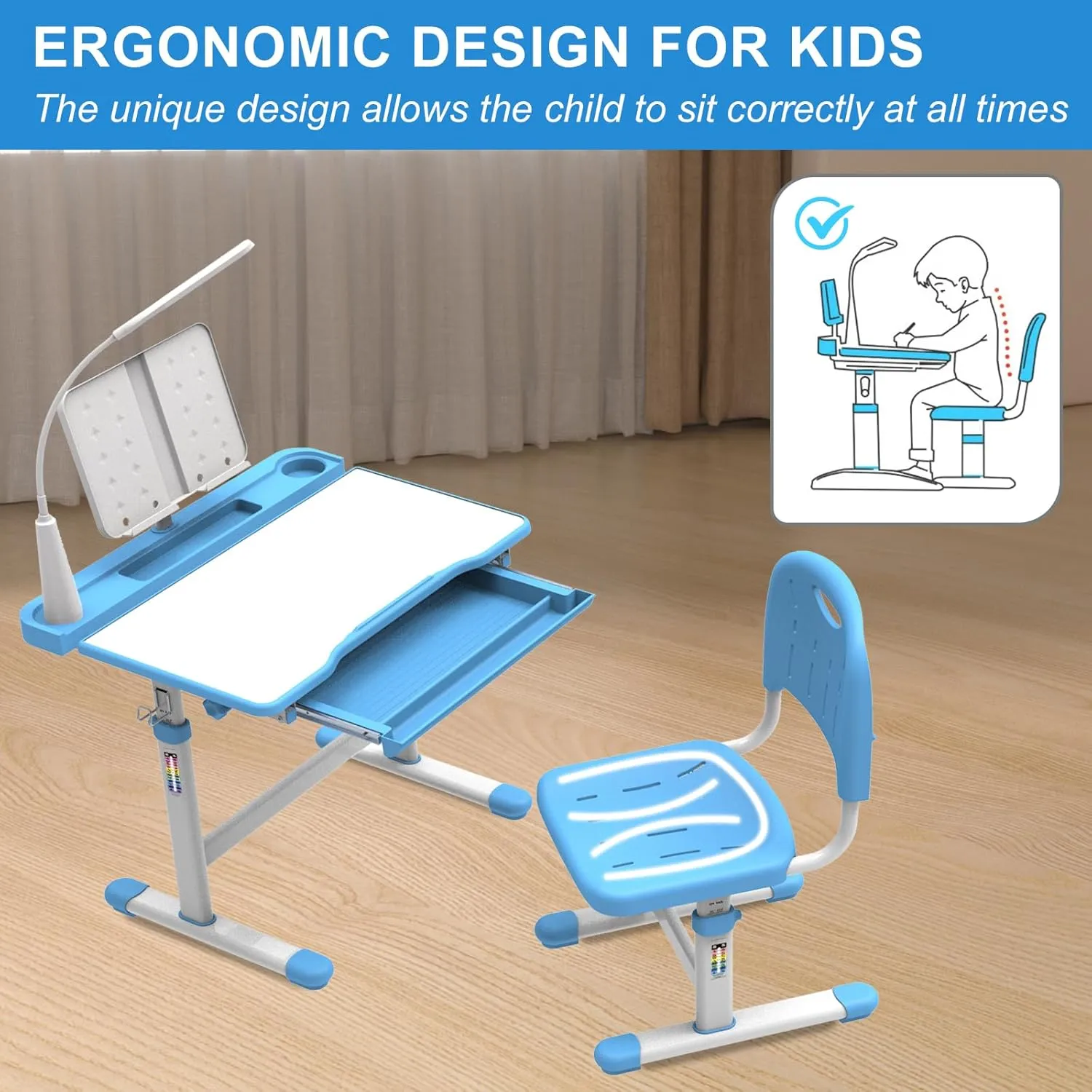 BELANITAS Kids Desk and Chair Set, Height Adjustable Kids School Desk for Kids, 40 Degree Tiltable with 3 Mode Light, Child Desk for Go Back School Gift, Blue