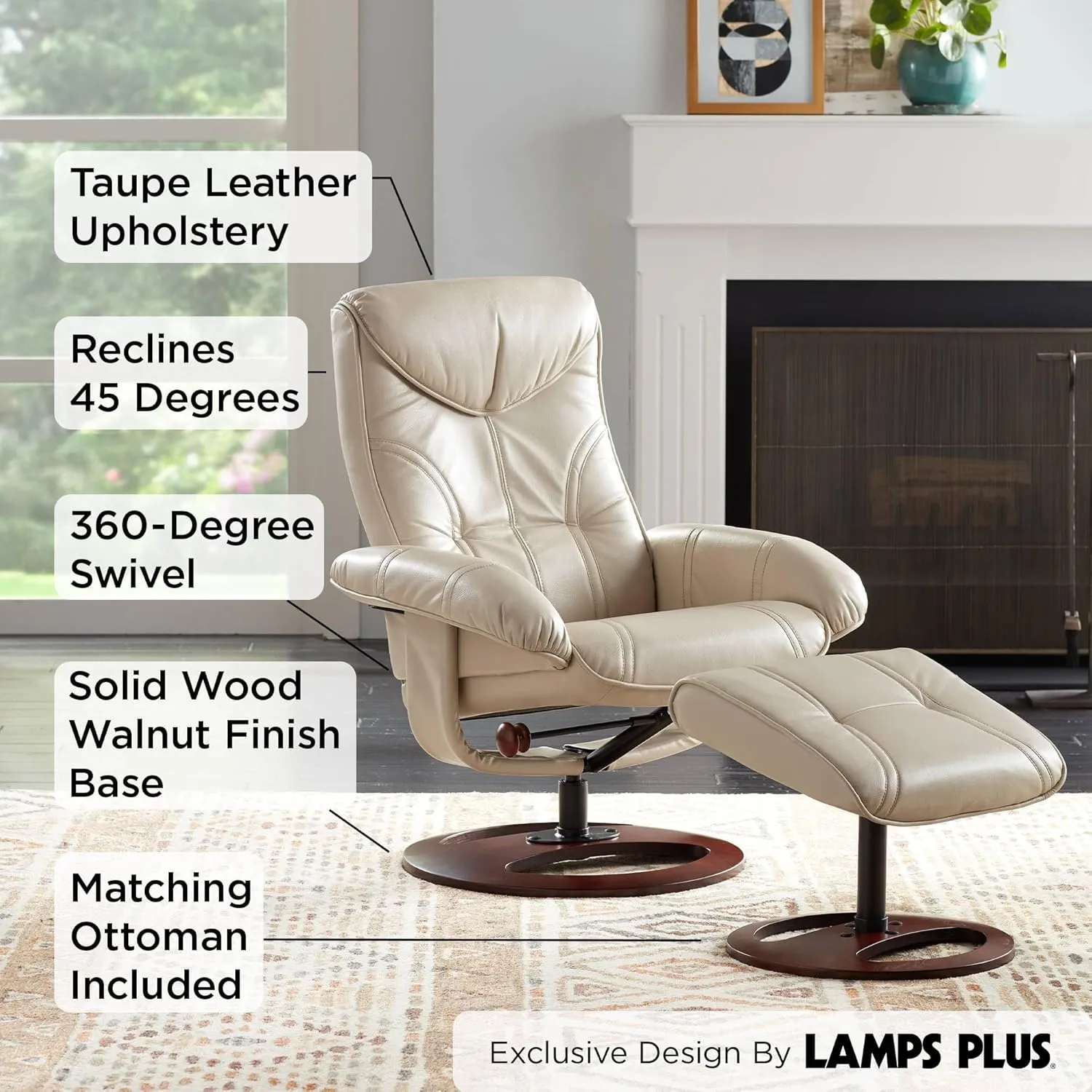 Benchmaster Newport Taupe Swivel Faux Leather Recliner Chair with Ottoman Footrest Modern Armchair Ergonomic Manual Reclining Adjustable Upholstered for Bedroom Living Room Reading Home Relax