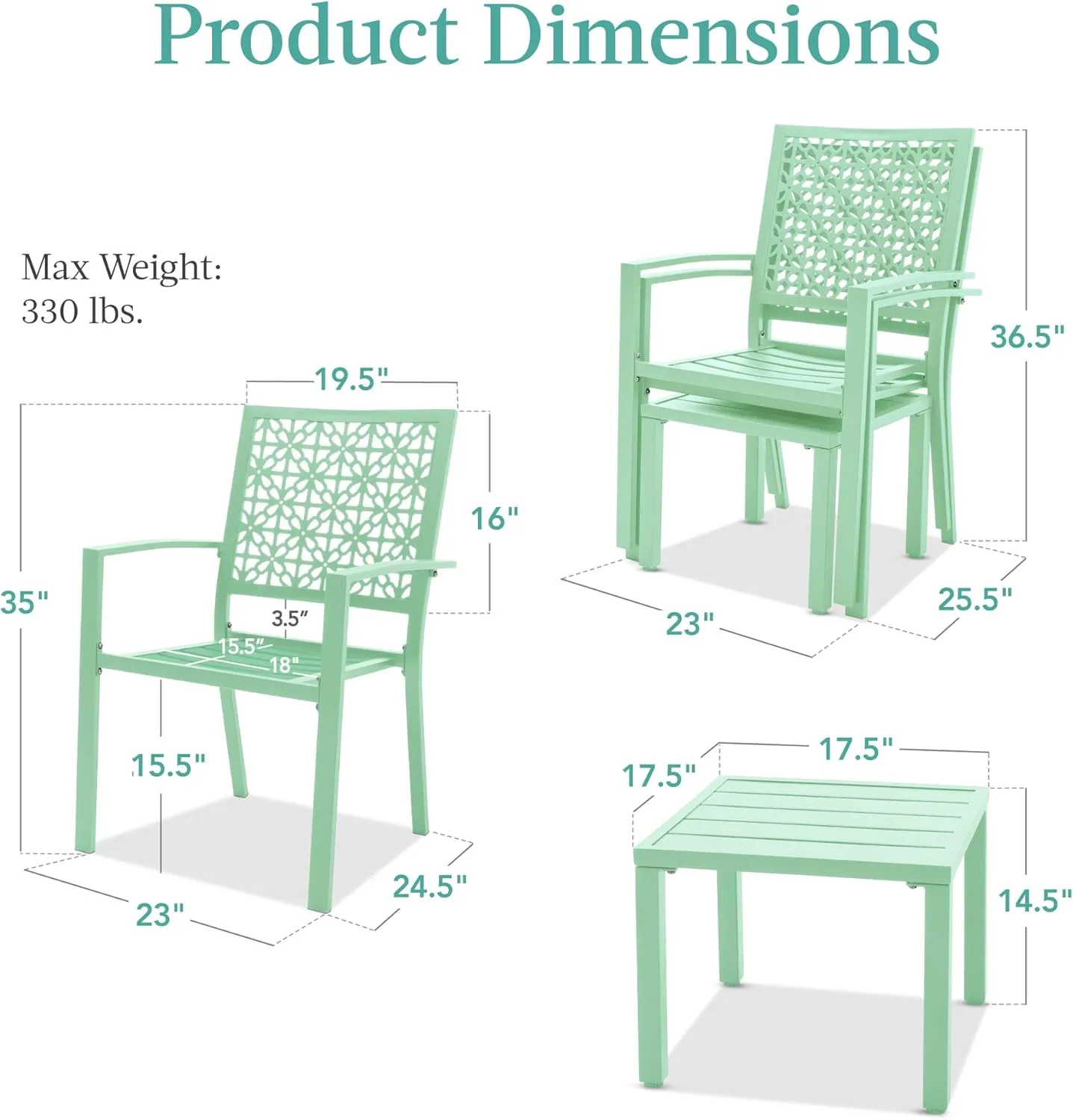 Best Choice Products 3-Piece Outdoor Bistro Set, Stackable Modern Steel Furniture for Porch, Garden w/ 2 Chairs, Table, Geometric Decor - Mint Green