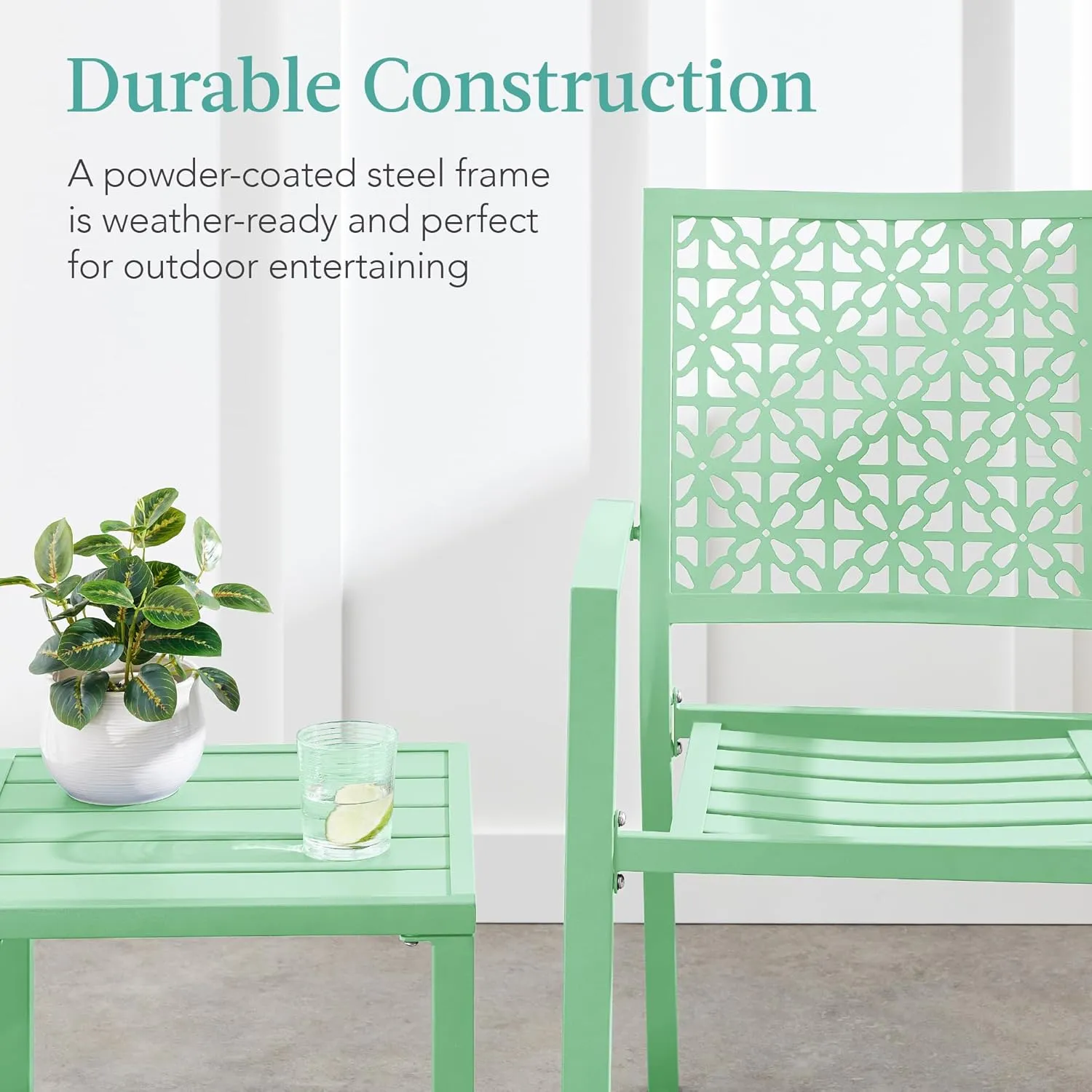 Best Choice Products 3-Piece Outdoor Bistro Set, Stackable Modern Steel Furniture for Porch, Garden w/ 2 Chairs, Table, Geometric Decor - Mint Green