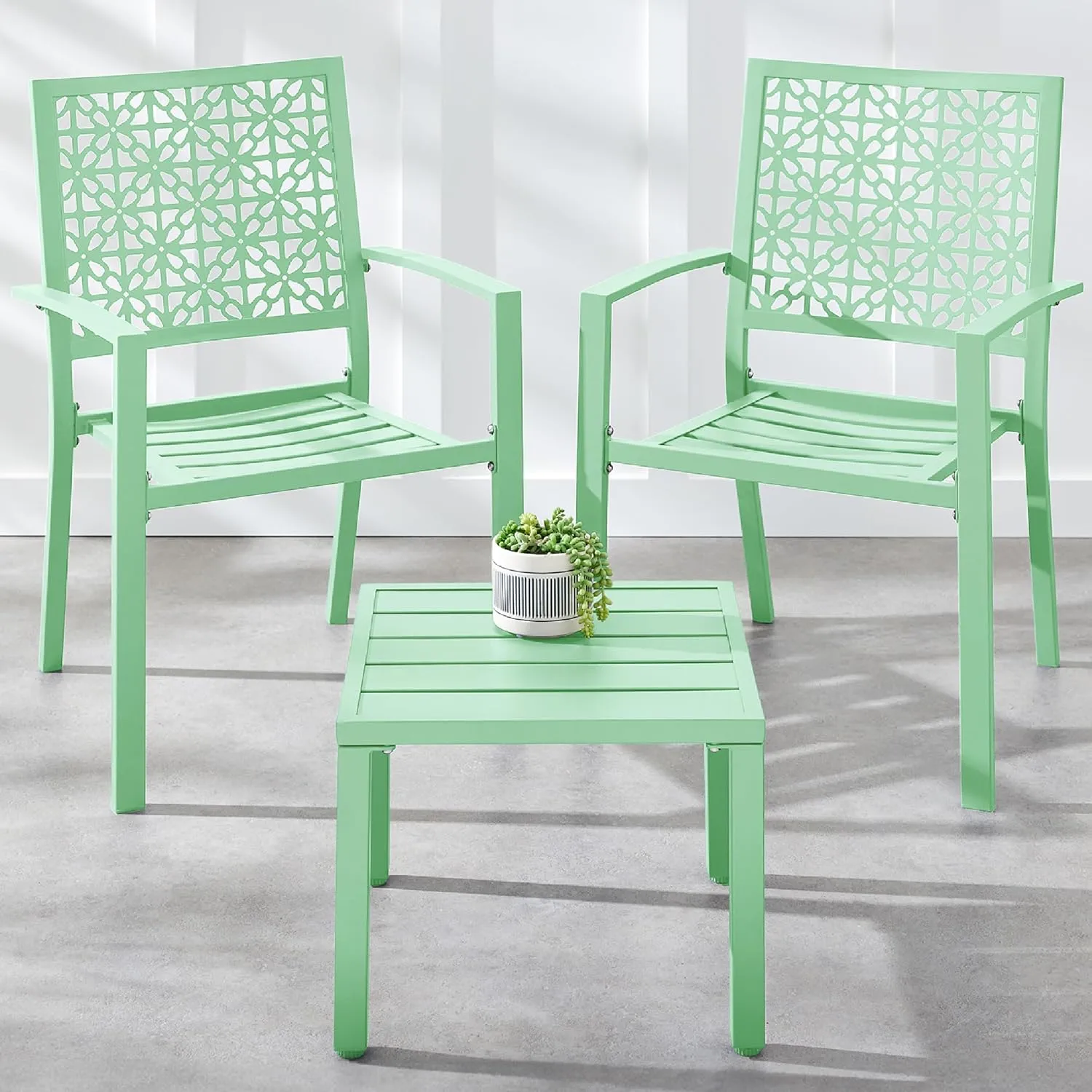 Best Choice Products 3-Piece Outdoor Bistro Set, Stackable Modern Steel Furniture for Porch, Garden w/ 2 Chairs, Table, Geometric Decor - Mint Green