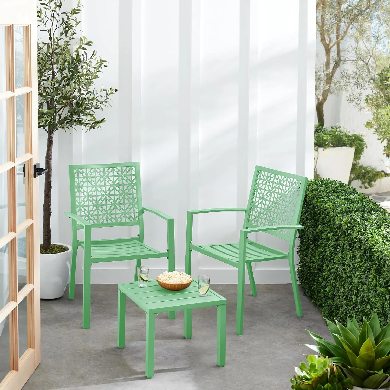 Best Choice Products 3-Piece Outdoor Bistro Set, Stackable Modern Steel Furniture for Porch, Garden w/ 2 Chairs, Table, Geometric Decor - Mint Green