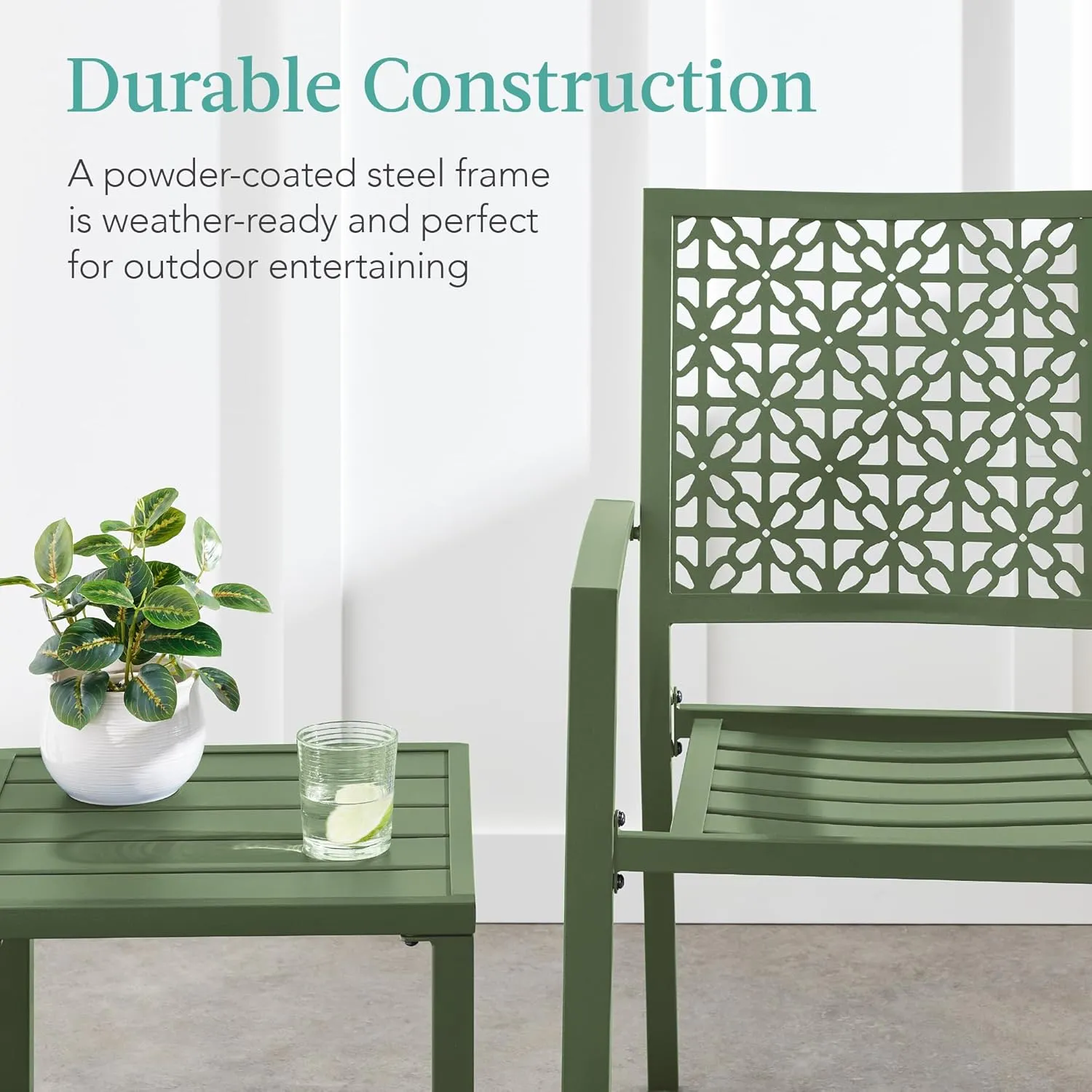 Best Choice Products 3-Piece Outdoor Bistro Set, Stackable Modern Steel Furniture for Porch, Garden w/ 2 Chairs, Table, Geometric Decor - Sage Green