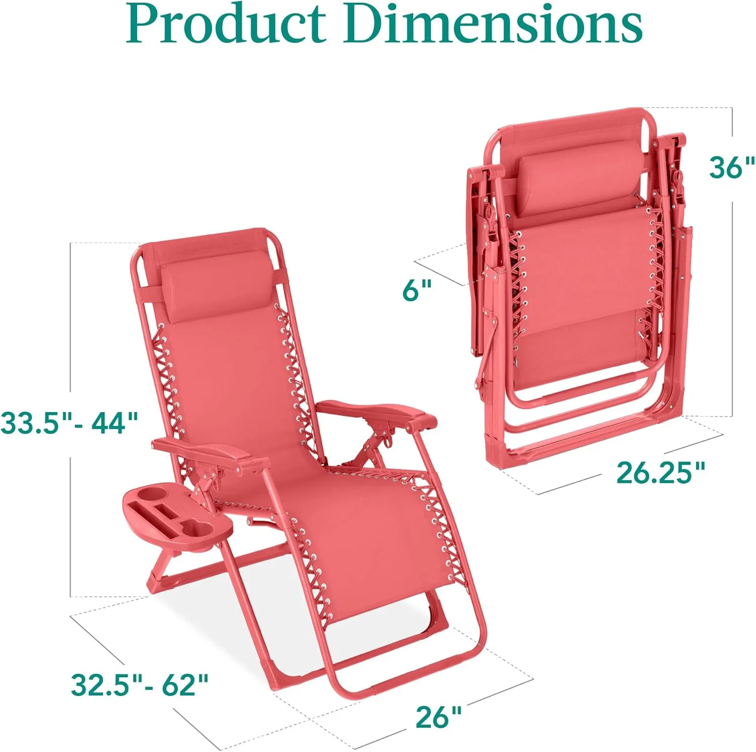 Best Choice Products Adjustable Zero Gravity Chair, Monochromatic Color Folding Patio Recliner w/Side Tray, Headrest - Coral