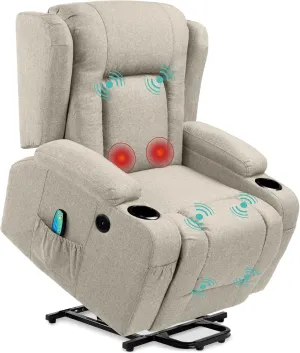 Best Choice Products Modern Linen Electric Power Lift Chair, Recliner Massage Chair, Adjustable Furniture for Back, Legs w/ 3 Positions, USB Port, Heat, Cupholders, Easy-to-Reach Button - Greige