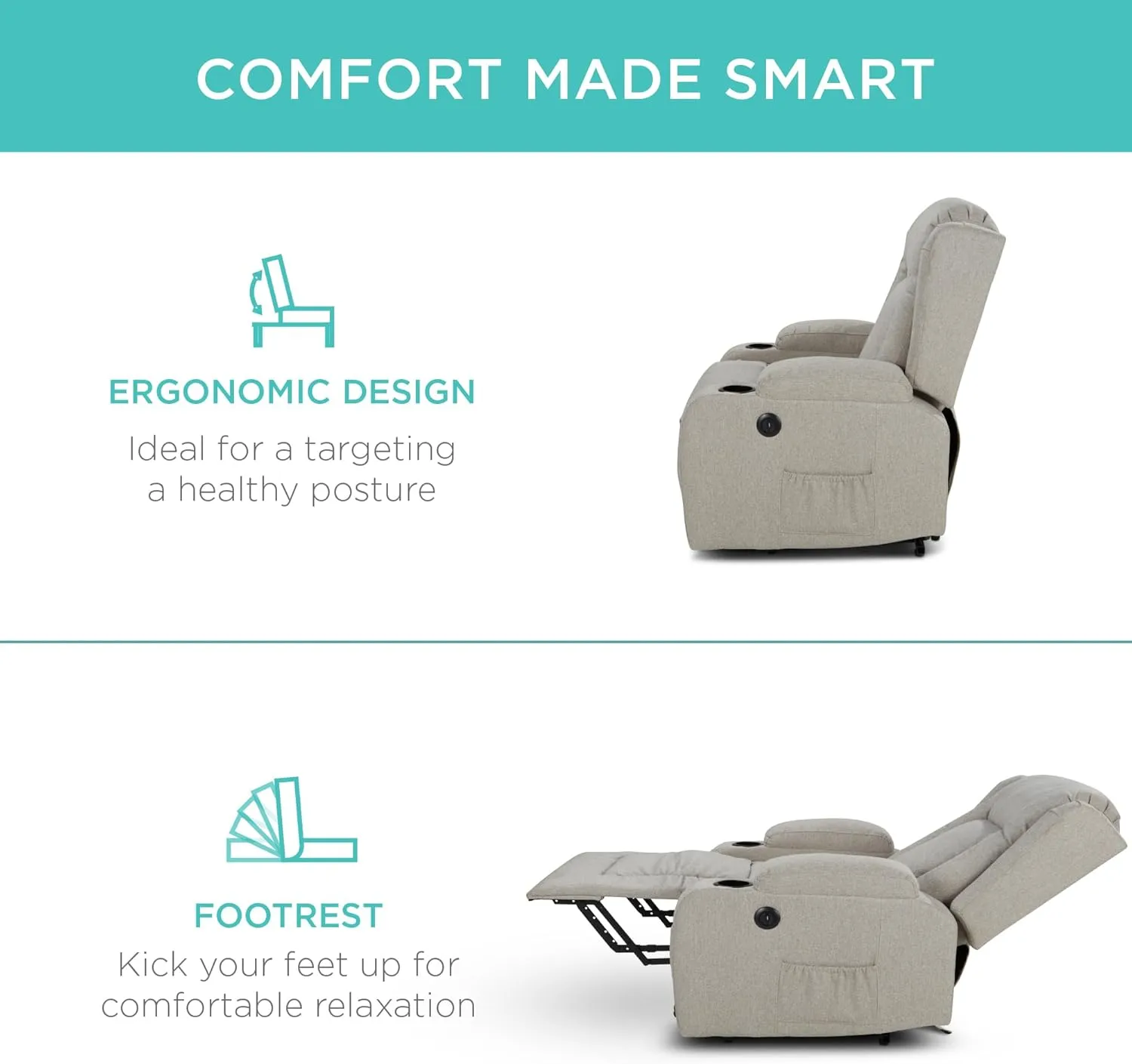 Best Choice Products Modern Linen Electric Power Lift Chair, Recliner Massage Chair, Adjustable Furniture for Back, Legs w/ 3 Positions, USB Port, Heat, Cupholders, Easy-to-Reach Button - Greige
